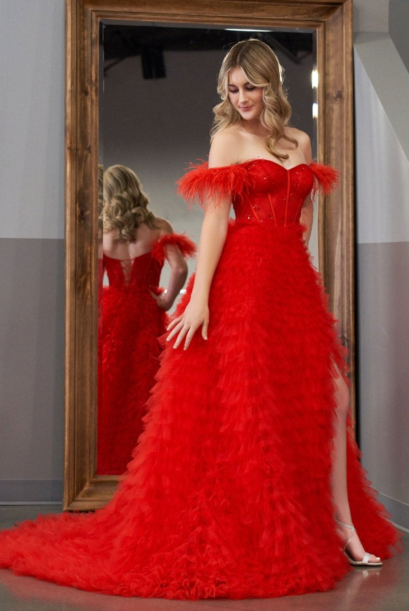 Ingrid |A Line Sweetheart Tiered Tulle Long Prom Dress With Slit - KissProm