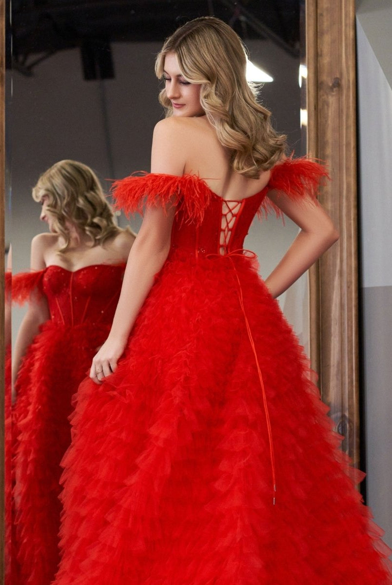 Ingrid |A Line Sweetheart Tiered Tulle Long Prom Dress With Slit - KissProm