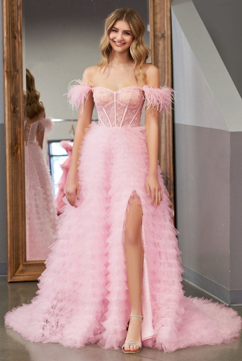 Ingrid |A Line Sweetheart Tiered Tulle Long Prom Dress With Slit - KissProm