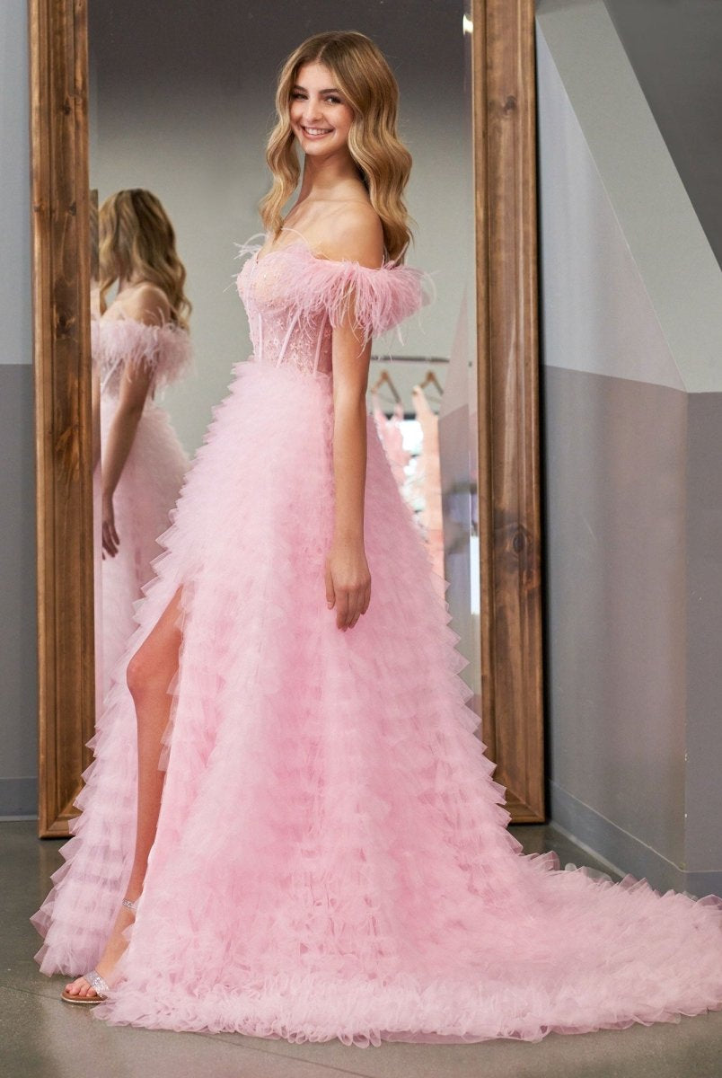 Ingrid |A Line Sweetheart Tiered Tulle Long Prom Dress With Slit - KissProm