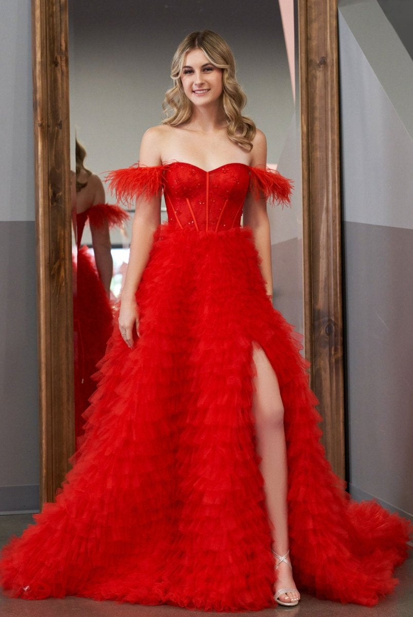 Ingrid |A Line Sweetheart Tiered Tulle Long Prom Dress With Slit - KissProm