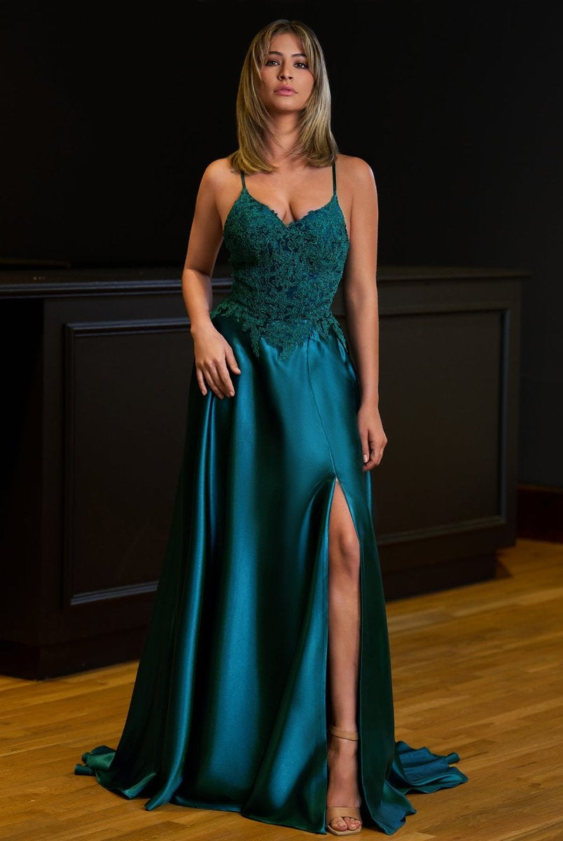 A - line Spaghetti Straps Corset Back Prom Dress With Split - KissProm
