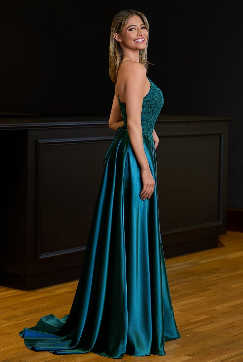 A - line Spaghetti Straps Corset Back Prom Dress With Split - KissProm