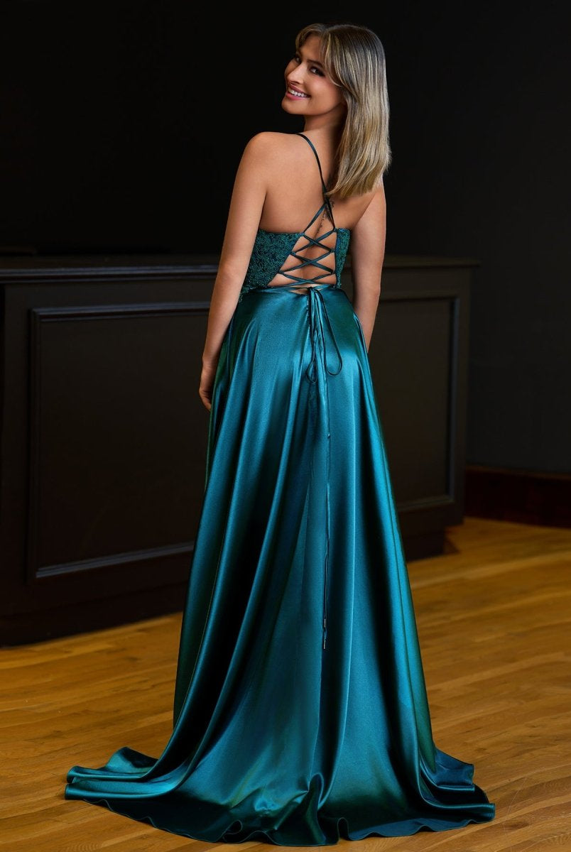 A - line Spaghetti Straps Corset Back Prom Dress With Split - KissProm