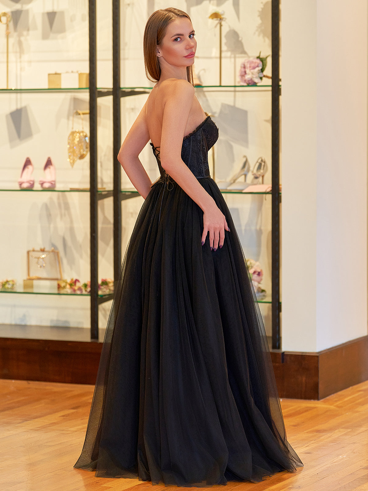 Black A Line Sweetheart Corset Tulle Prom Dress with Slit