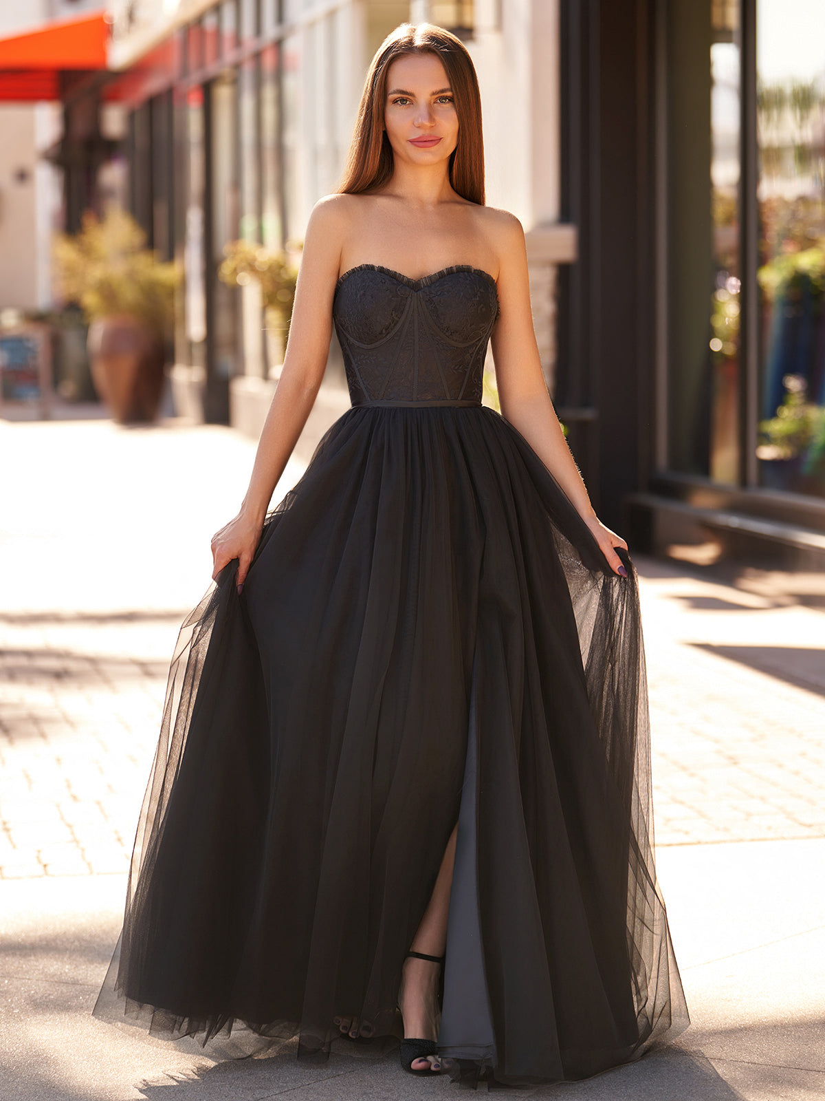Black A Line Sweetheart Corset Tulle Prom Dress with Slit