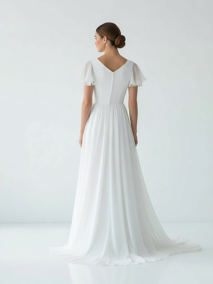 KissDress-Liora A Line V-neck Chiffon Floor-length Brush Train Short Sleeve Wedding Dress with Ruffles