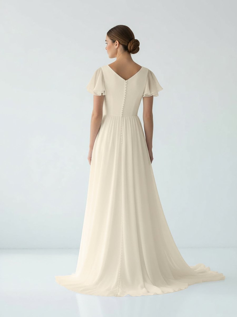 KissDress-Liora A Line V-neck Chiffon Floor-length Brush Train Short Sleeve Wedding Dress with Ruffles