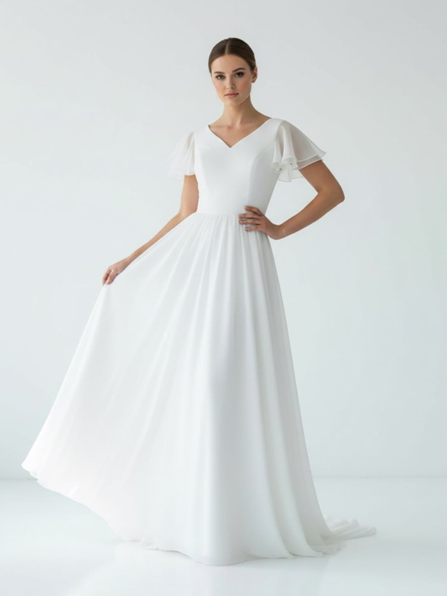 KissDress-Liora A Line V-neck Chiffon Floor-length Brush Train Short Sleeve Wedding Dress with Ruffles