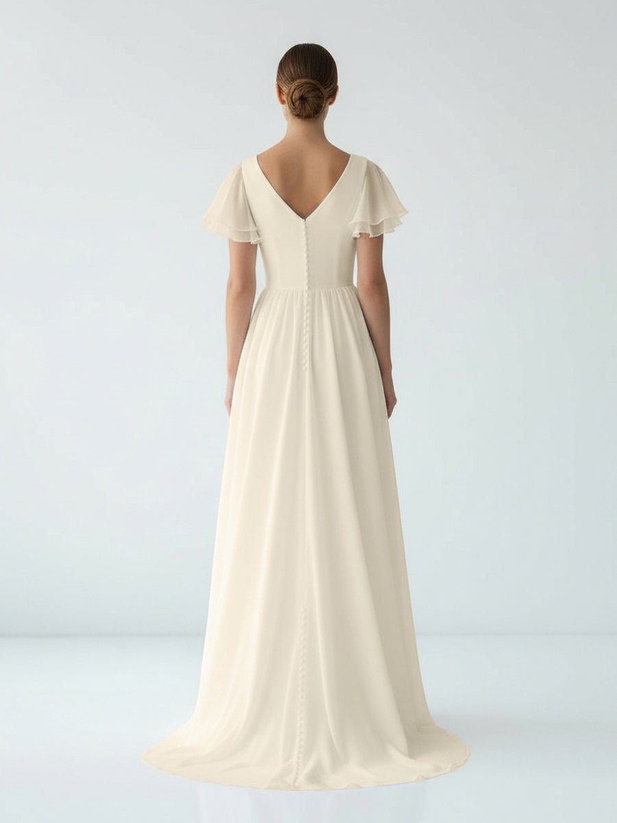 KissDress-Liora A Line V-neck Chiffon Floor-length Brush Train Short Sleeve Wedding Dress with Ruffles