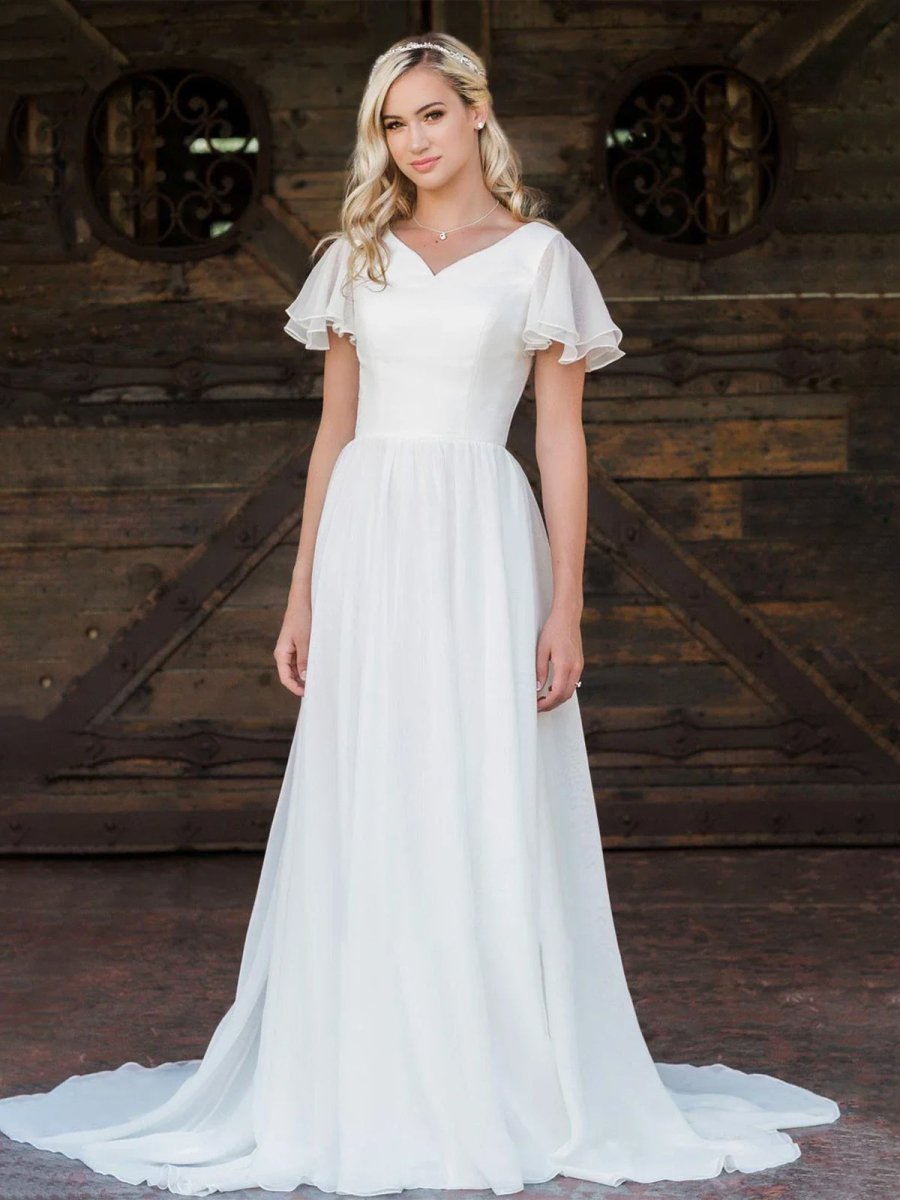 KissDress-Liora A Line V-neck Chiffon Floor-length Brush Train Short Sleeve Wedding Dress with Ruffles
