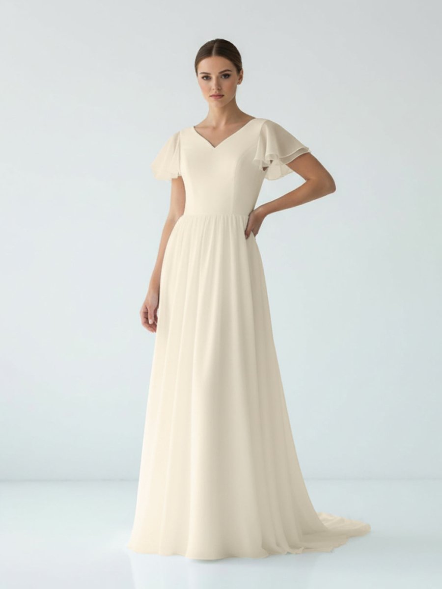 KissDress-Liora A Line V-neck Chiffon Floor-length Brush Train Short Sleeve Wedding Dress with Ruffles