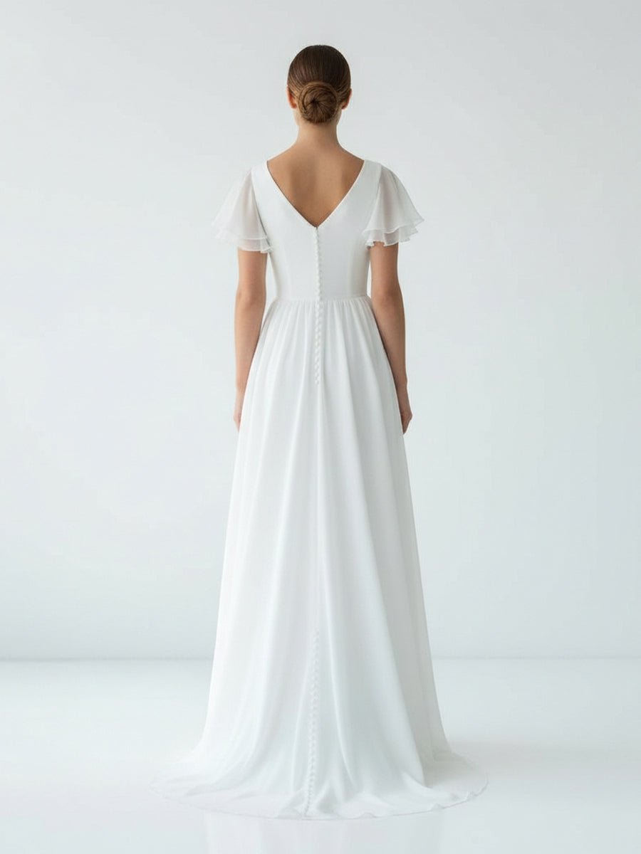 KissDress-Liora A Line V-neck Chiffon Floor-length Brush Train Short Sleeve Wedding Dress with Ruffles