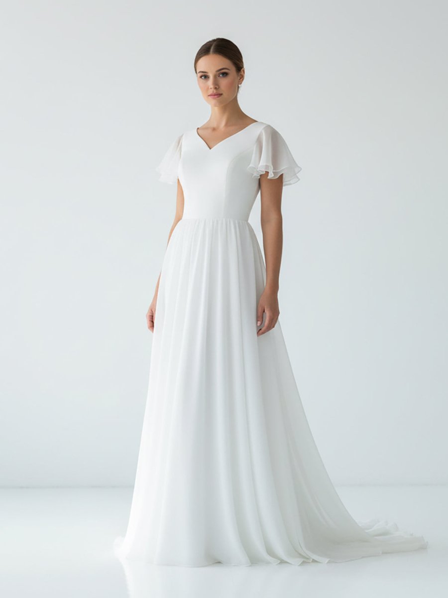 KissDress-Liora A Line V-neck Chiffon Floor-length Brush Train Short Sleeve Wedding Dress with Ruffles