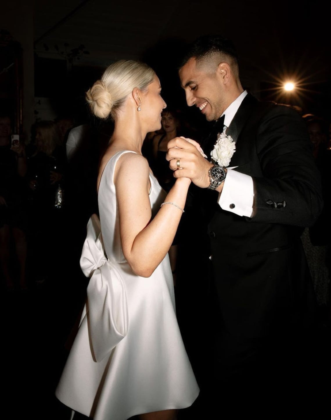 A-Line White Satin V-Neck Short Wedding Dress with Bow