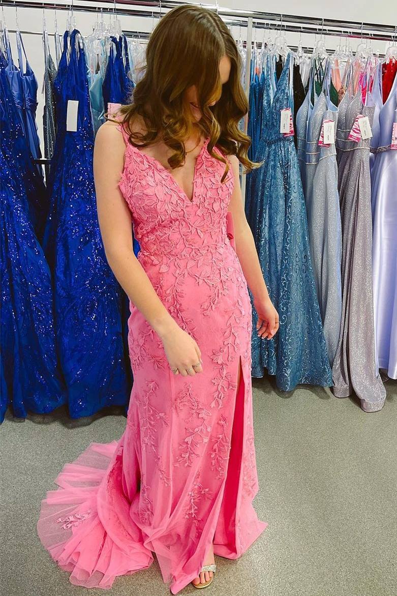 Mermaid V Neck Lavender Lace Long Prom Dresses with Appliques