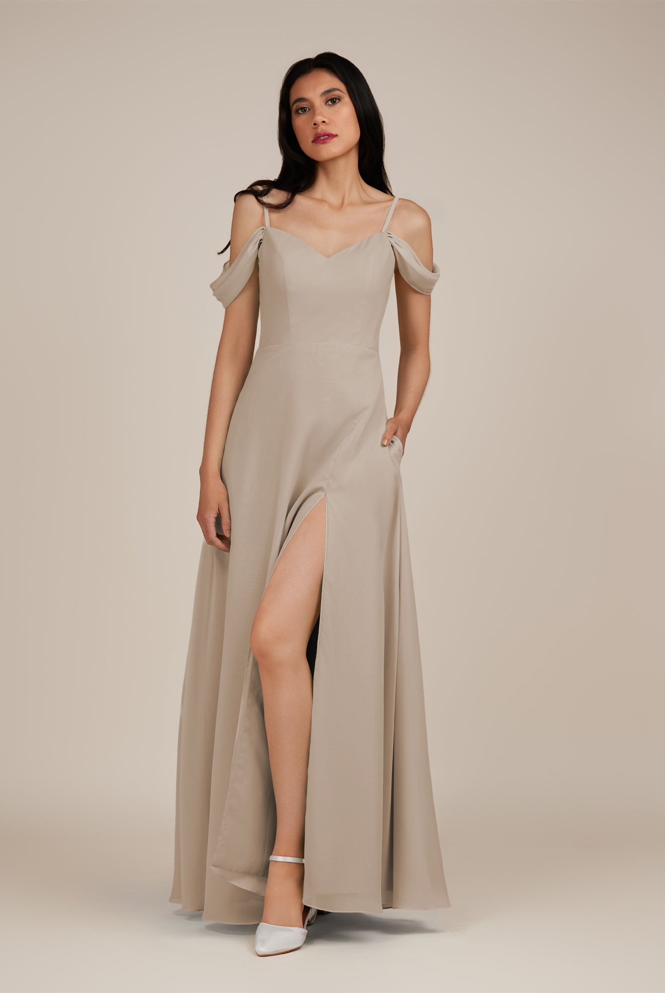 KissDress-Agate Almond A Line Chiffon Off the Shoulder Long Bridesmaid Dress