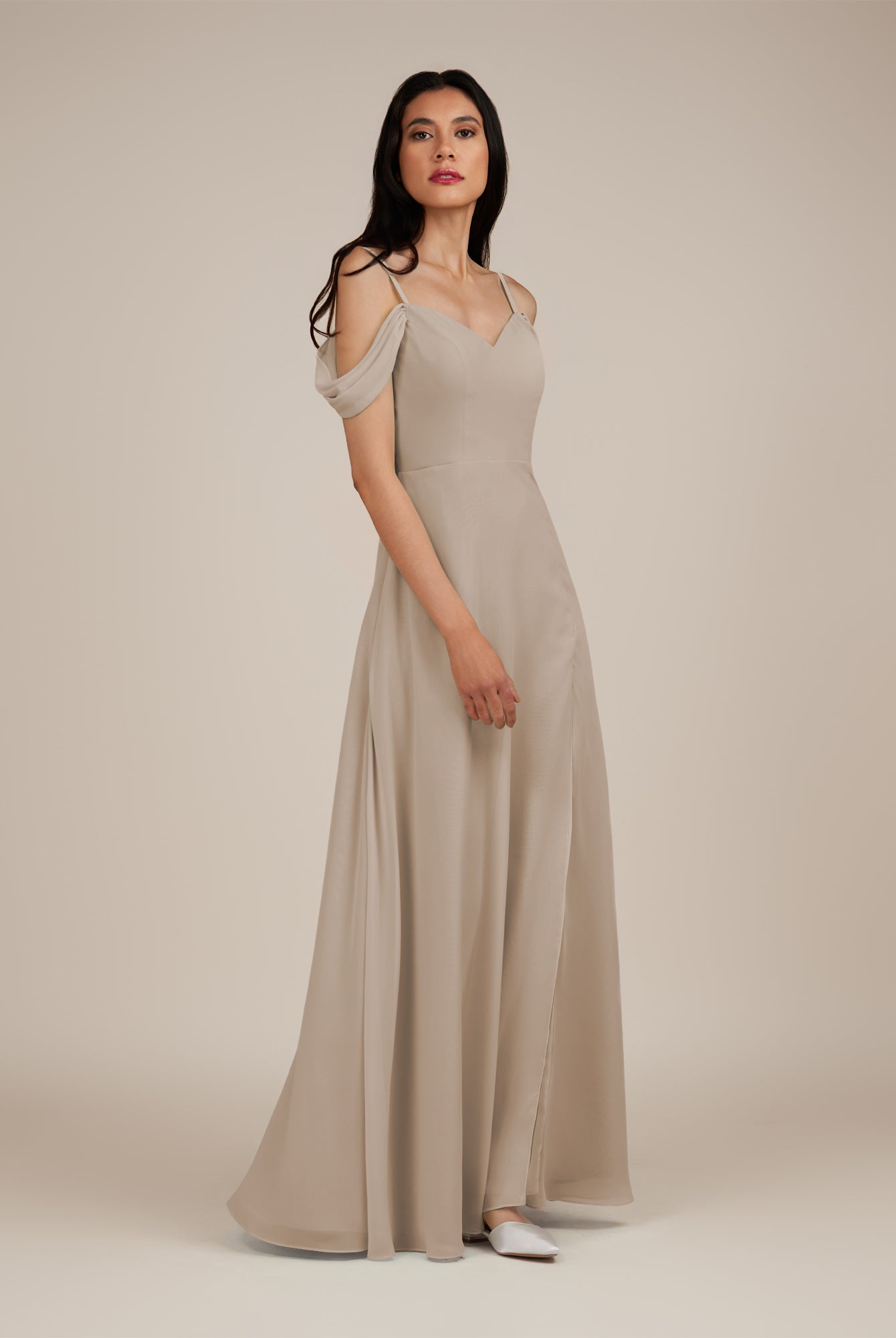 KissDress-Agate Almond A Line Chiffon Off the Shoulder Long Bridesmaid Dress