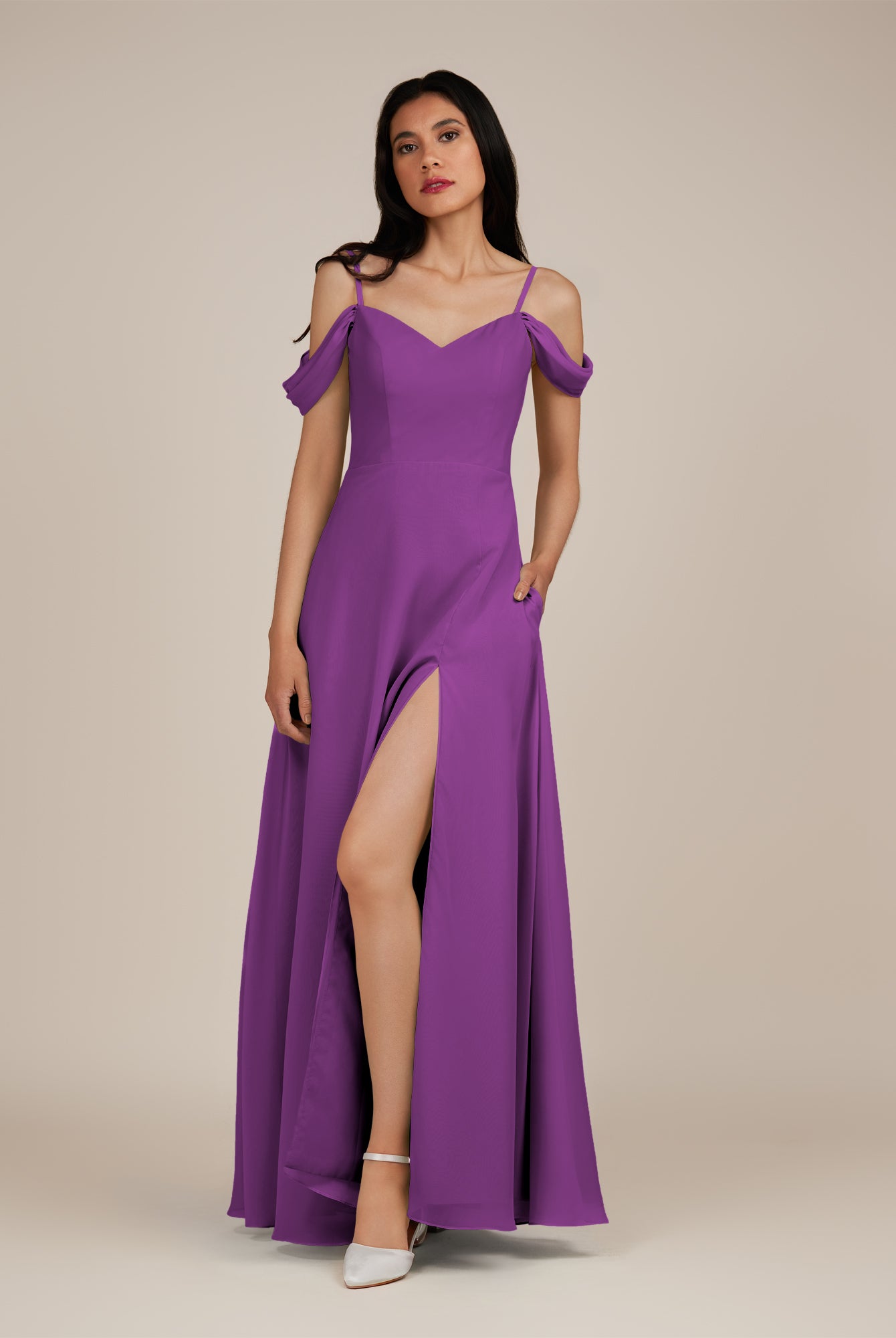 KissDress-Agate Amethyst A Line Chiffon Off the Shoulder Long Bridesmaid Dress