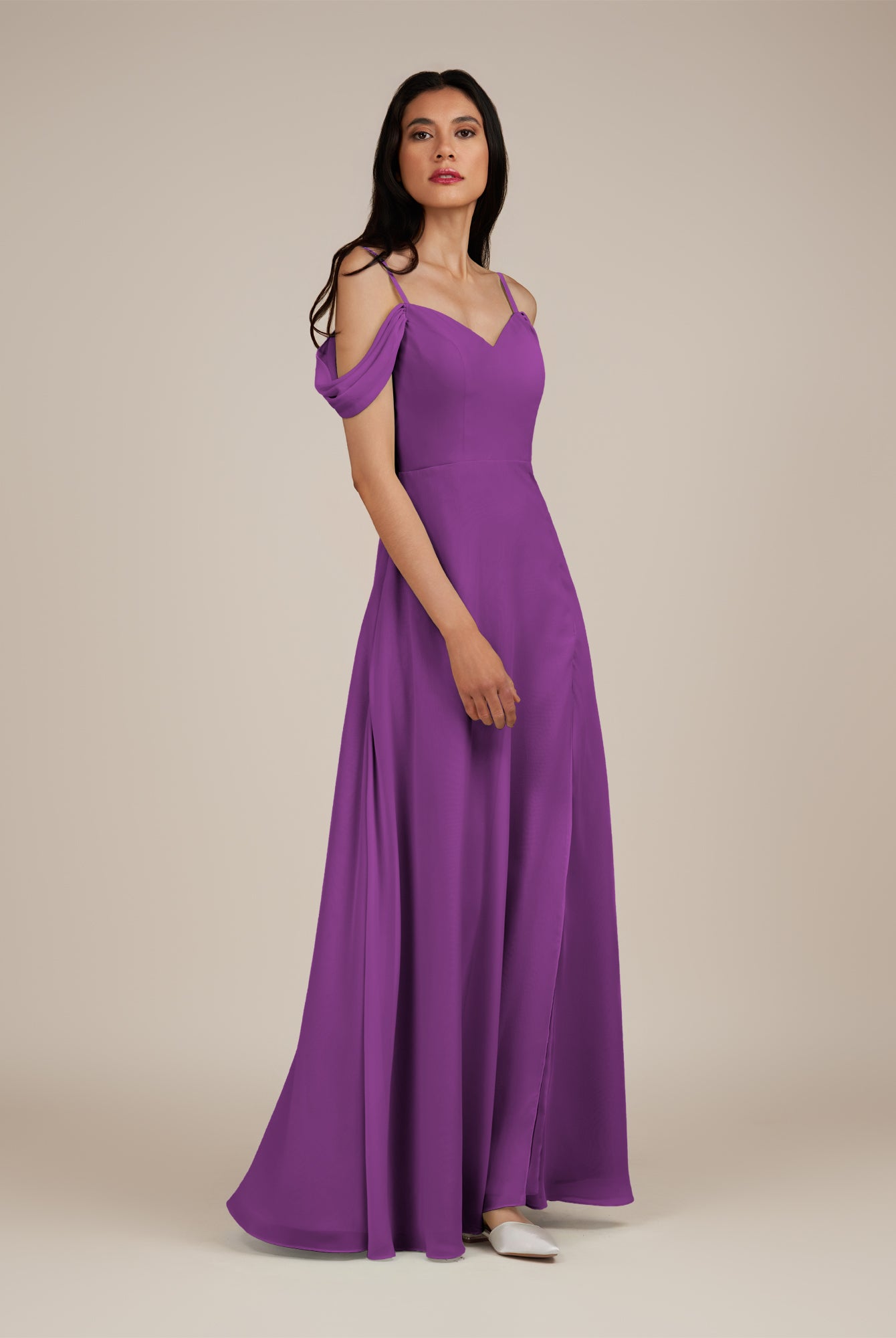 KissDress-Agate Amethyst A Line Chiffon Off the Shoulder Long Bridesmaid Dress
