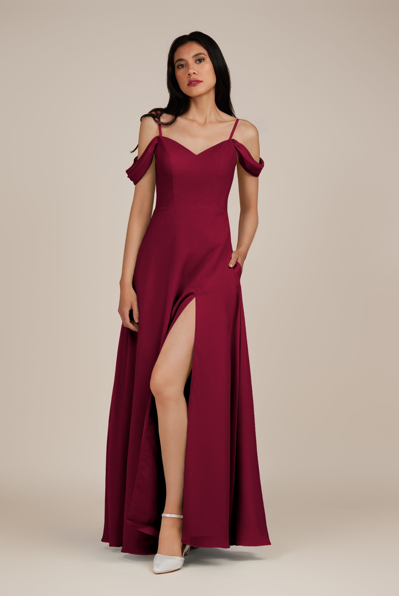 KissDress-Agate Berry A Line Chiffon Off the Shoulder Long Bridesmaid Dress