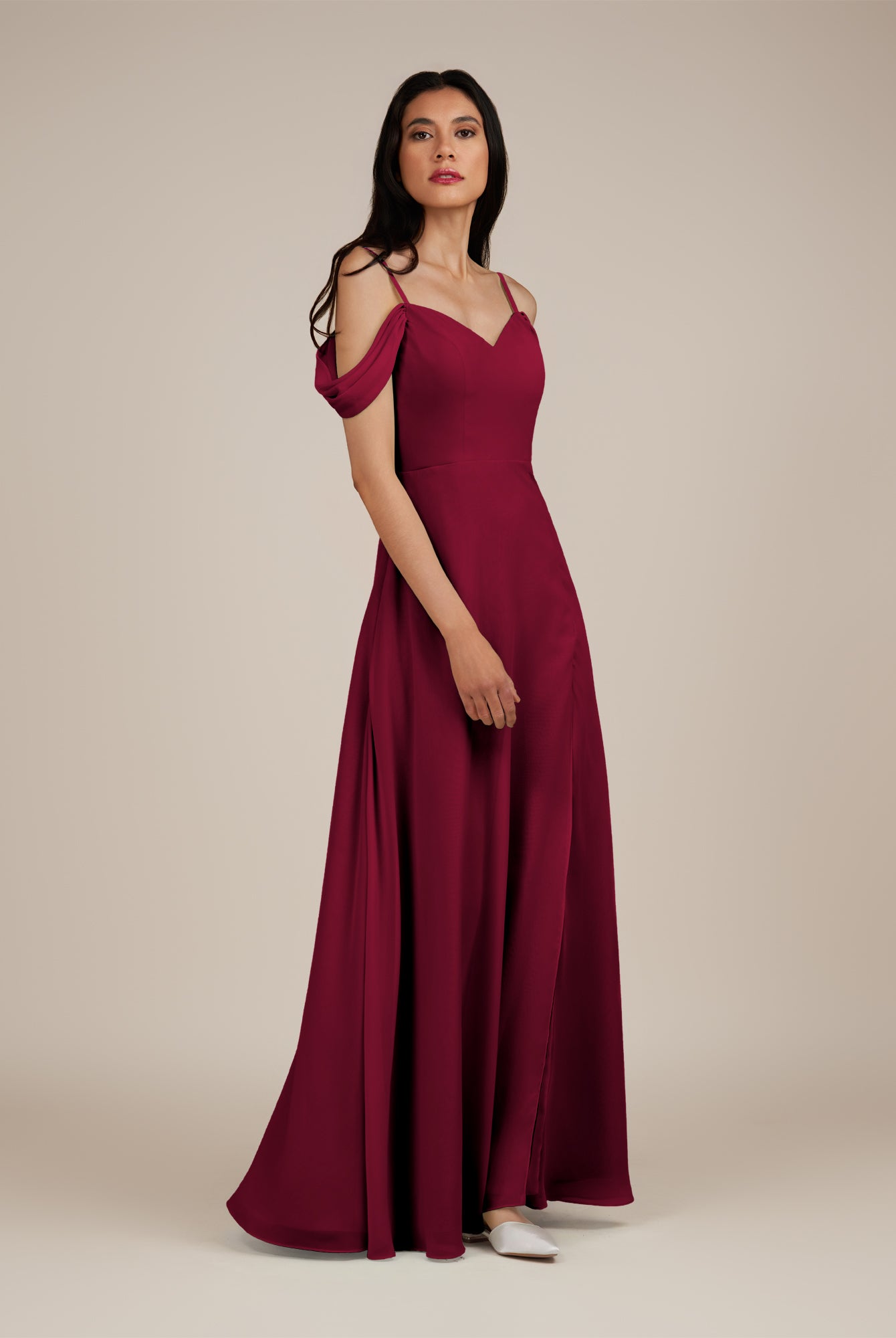KissDress-Agate Berry A Line Chiffon Off the Shoulder Long Bridesmaid Dress