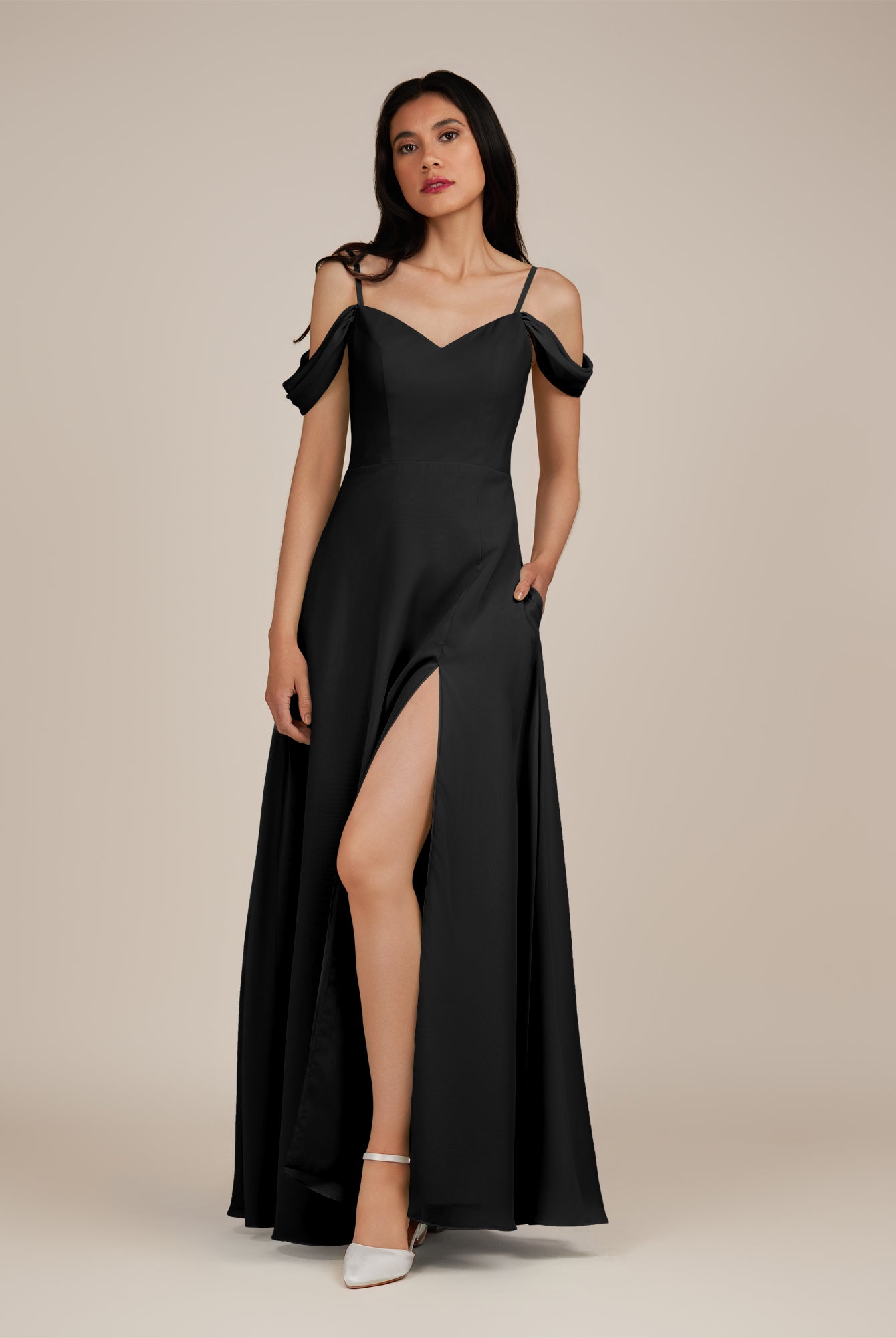 KissDress-Agate Black A Line Chiffon Off the Shoulder Long Bridesmaid Dress