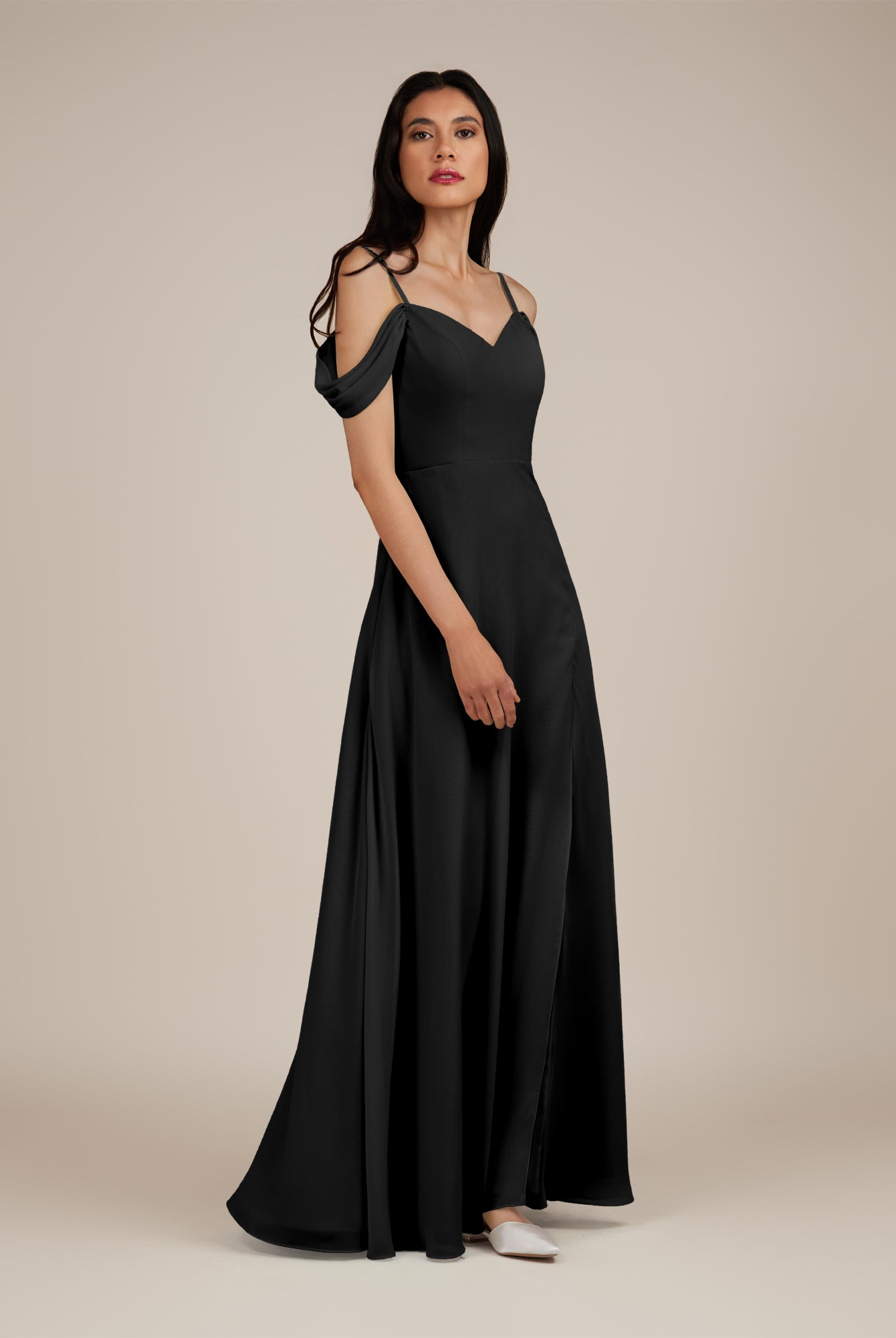 KissDress-Agate Black A Line Chiffon Off the Shoulder Long Bridesmaid Dress