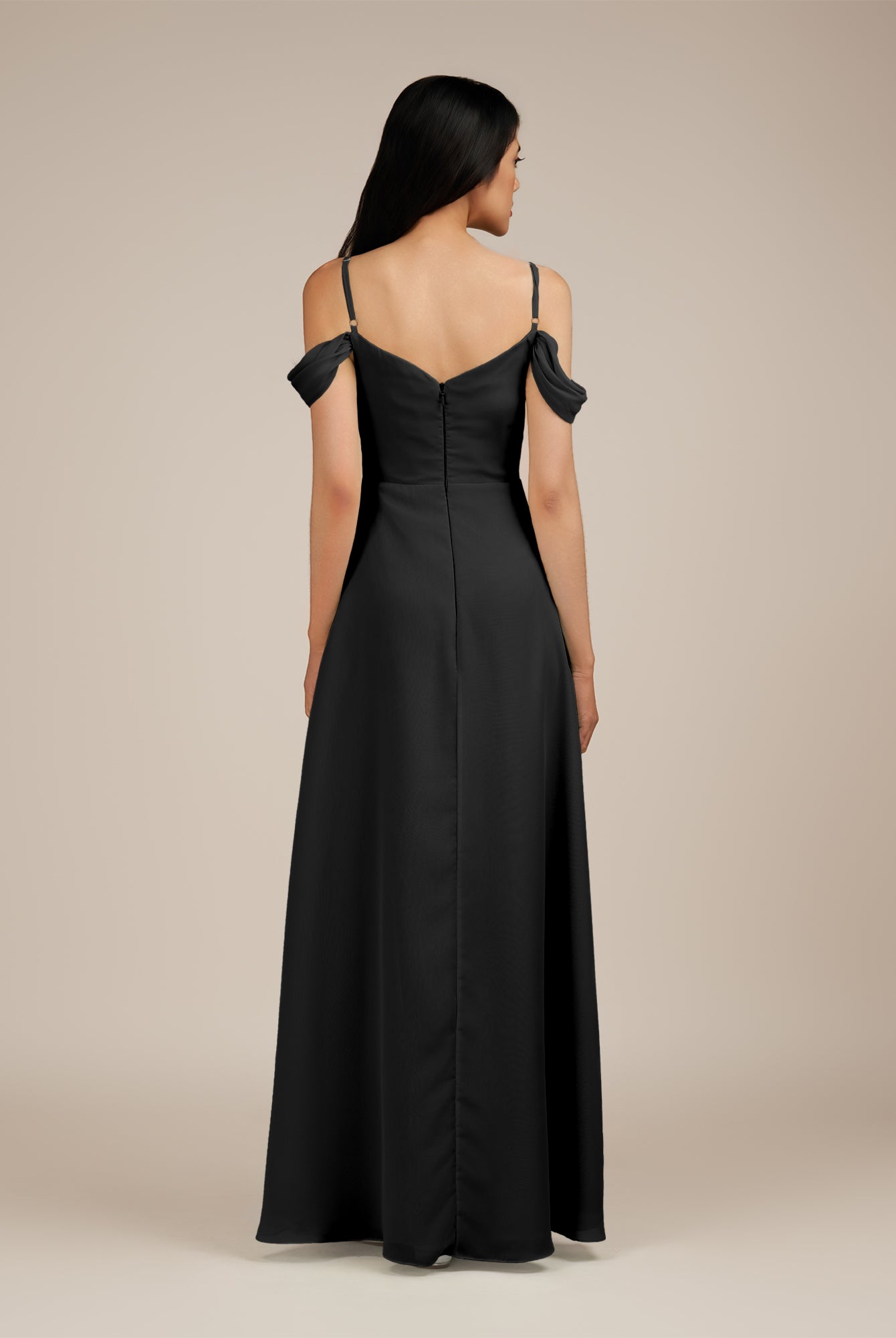 KissDress-Agate Black A Line Chiffon Off the Shoulder Long Bridesmaid Dress
