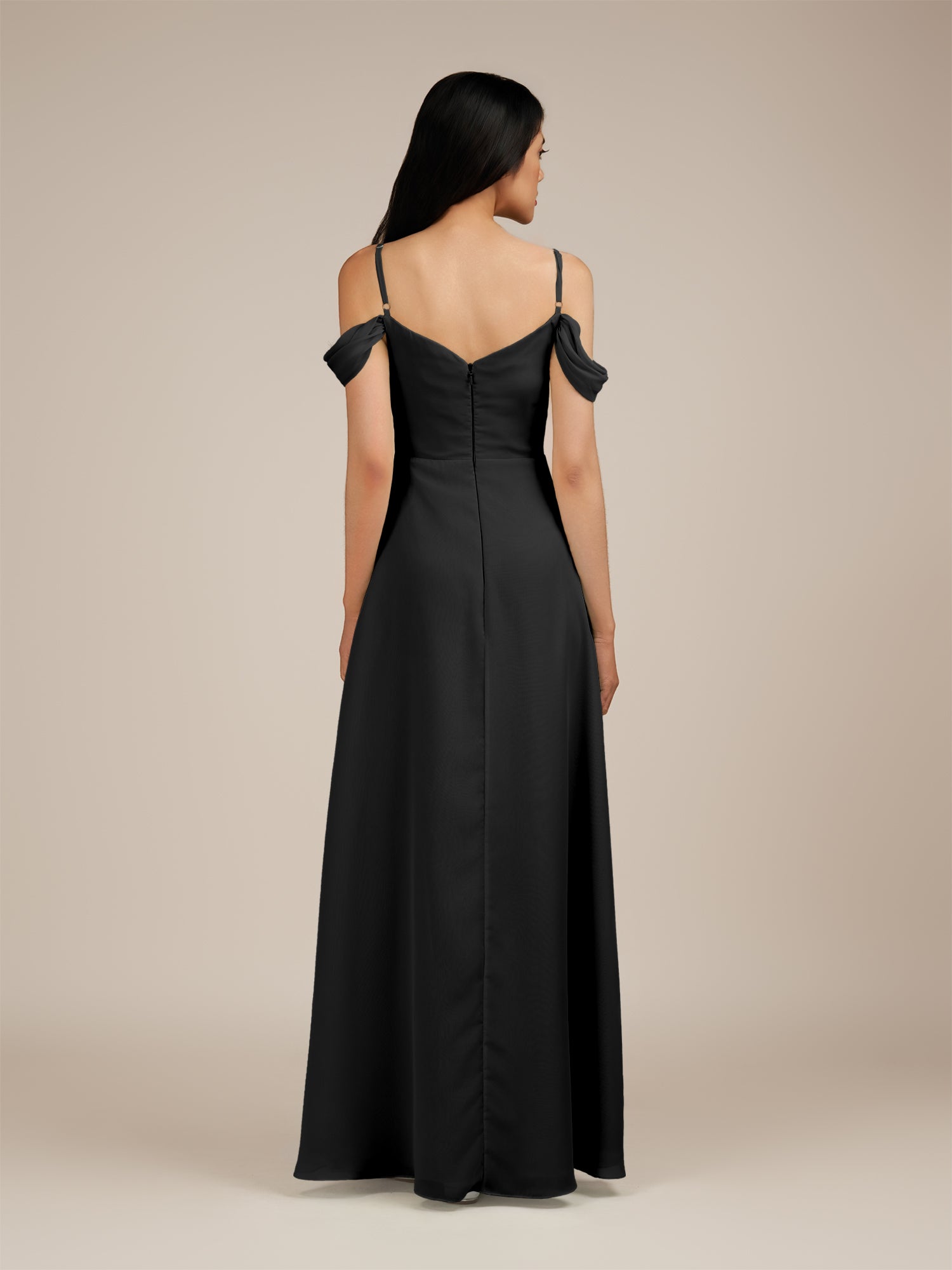 KissDress-Agate Black A Line Chiffon Off the Shoulder Long Bridesmaid Dress
