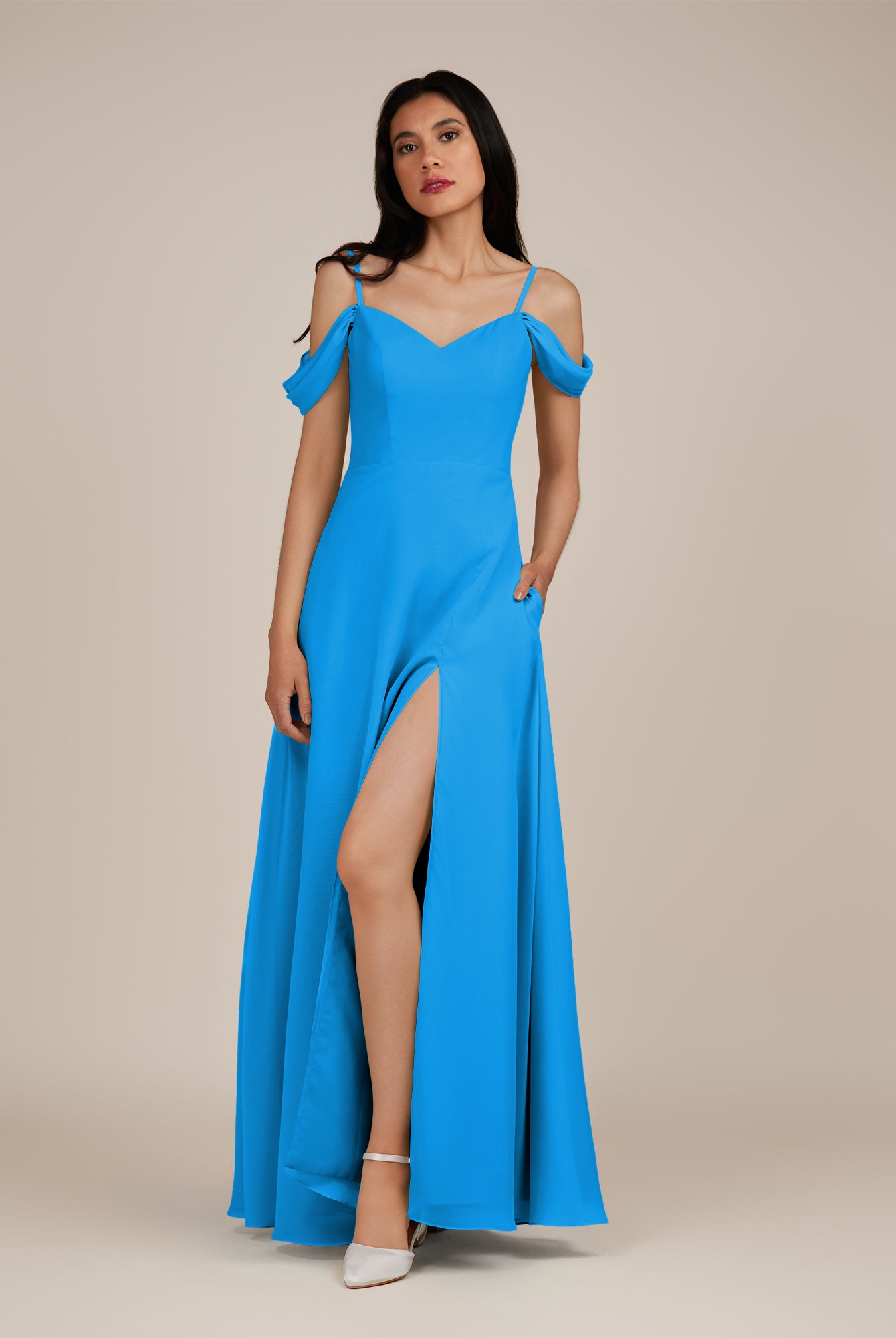 KissDress-Agate Blue Jay A Line Chiffon Off the Shoulder Long Bridesmaid Dress
