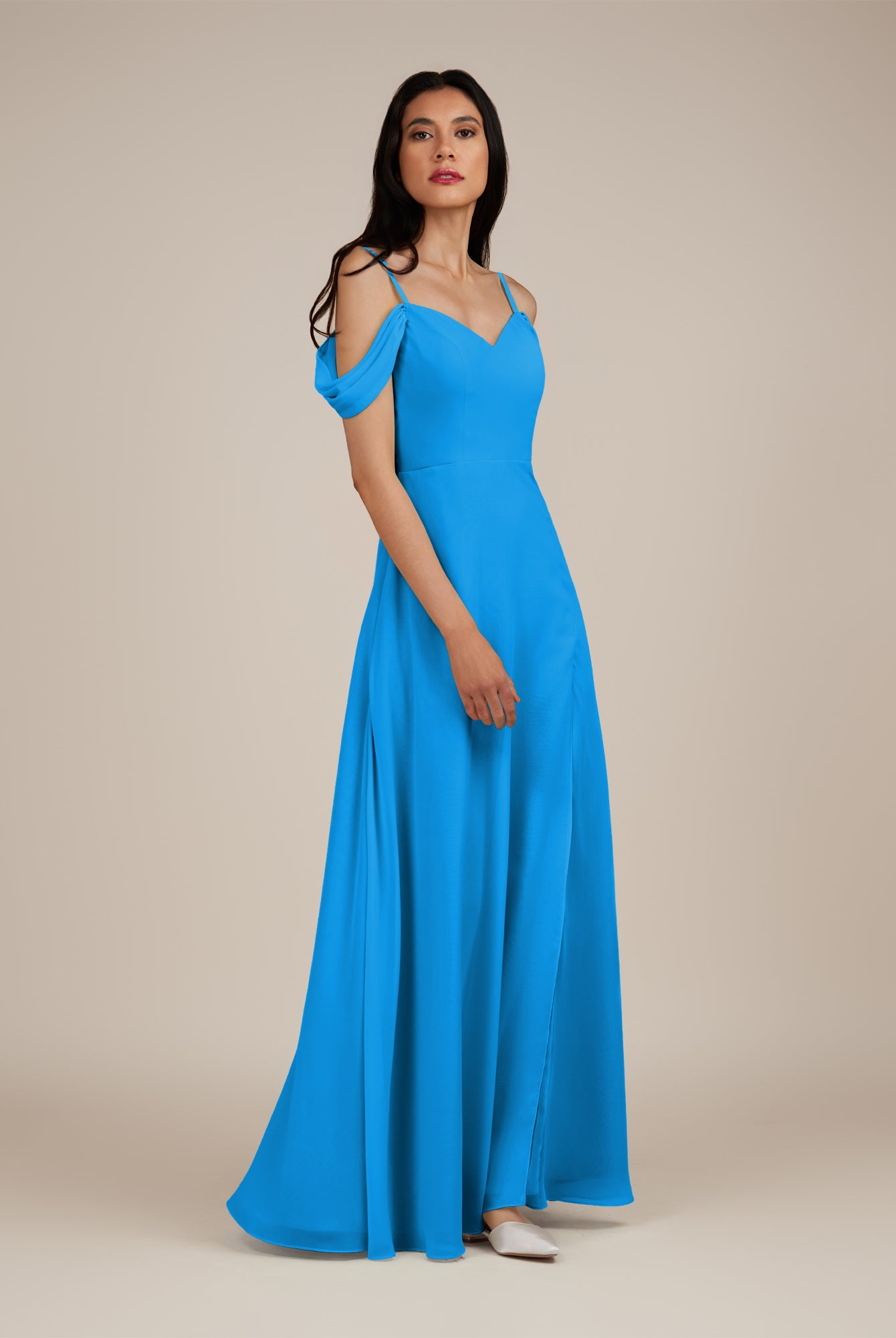 KissDress-Agate Blue Jay A Line Chiffon Off the Shoulder Long Bridesmaid Dress