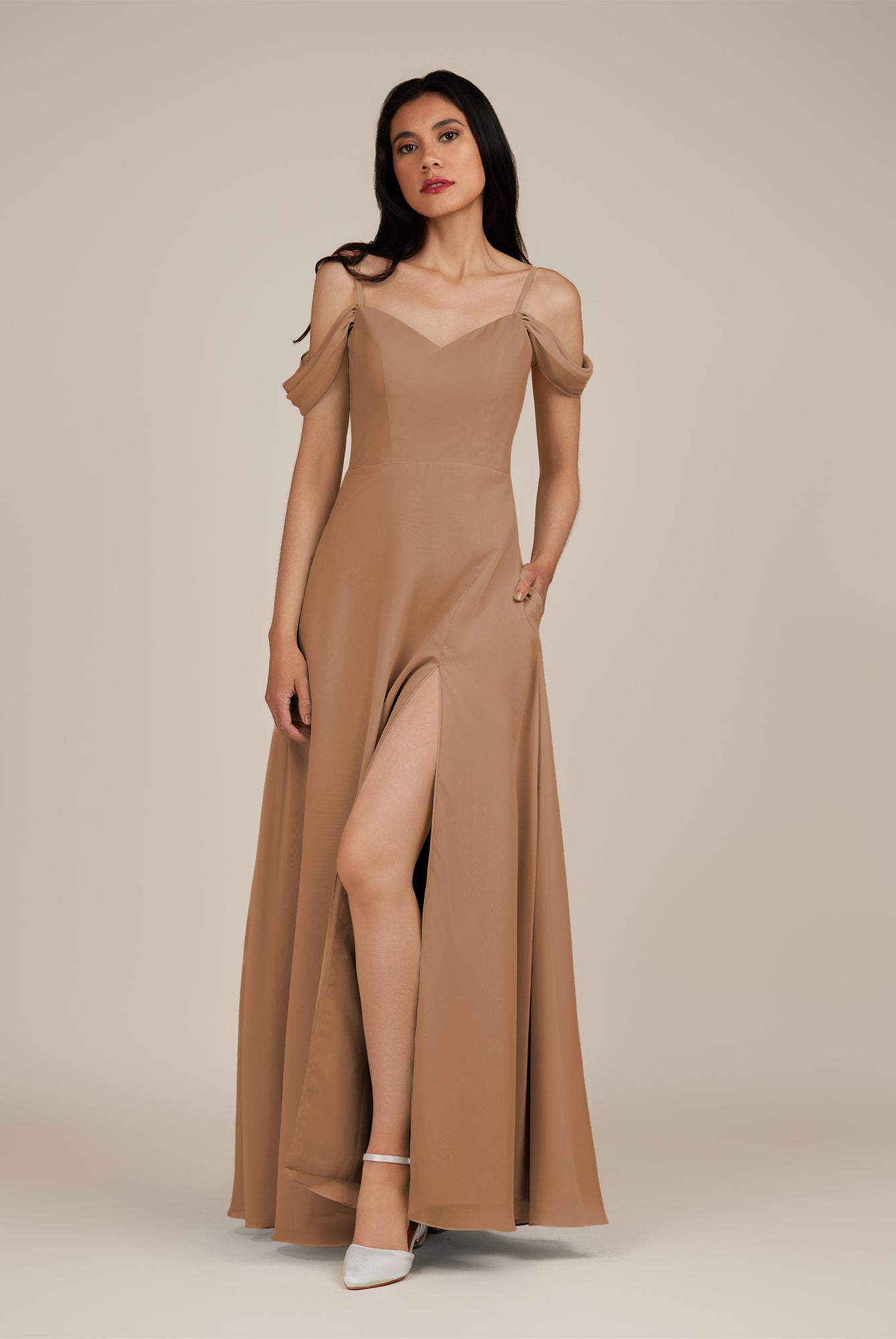 KissDress-Agate Bronzer A Line Chiffon Off the Shoulder Long Bridesmaid Dress