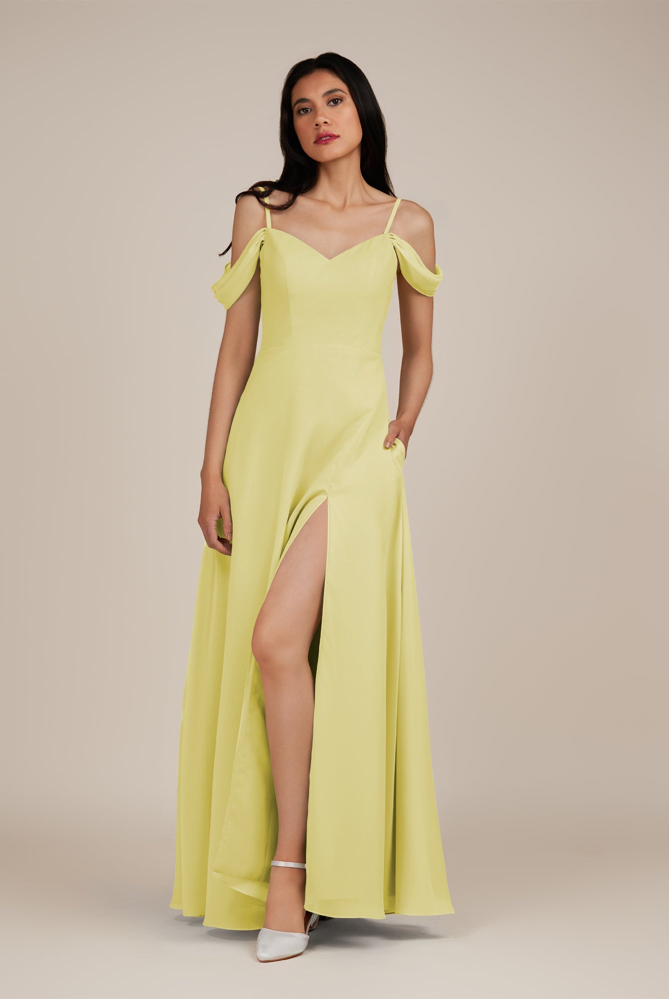 KissDress-Agate Buttercup A Line Chiffon Off the Shoulder Long Bridesmaid Dress