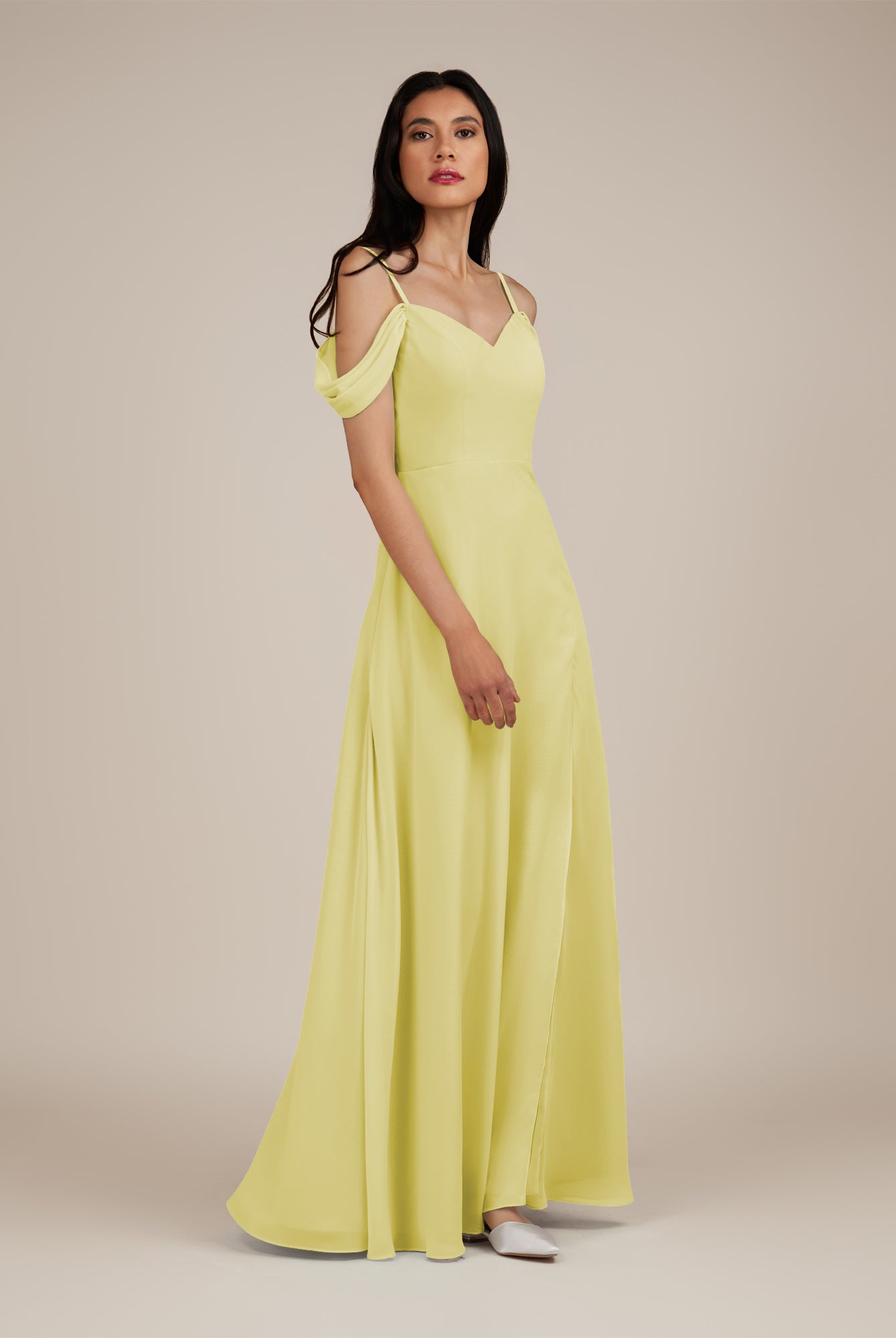 KissDress-Agate Buttercup A Line Chiffon Off the Shoulder Long Bridesmaid Dress