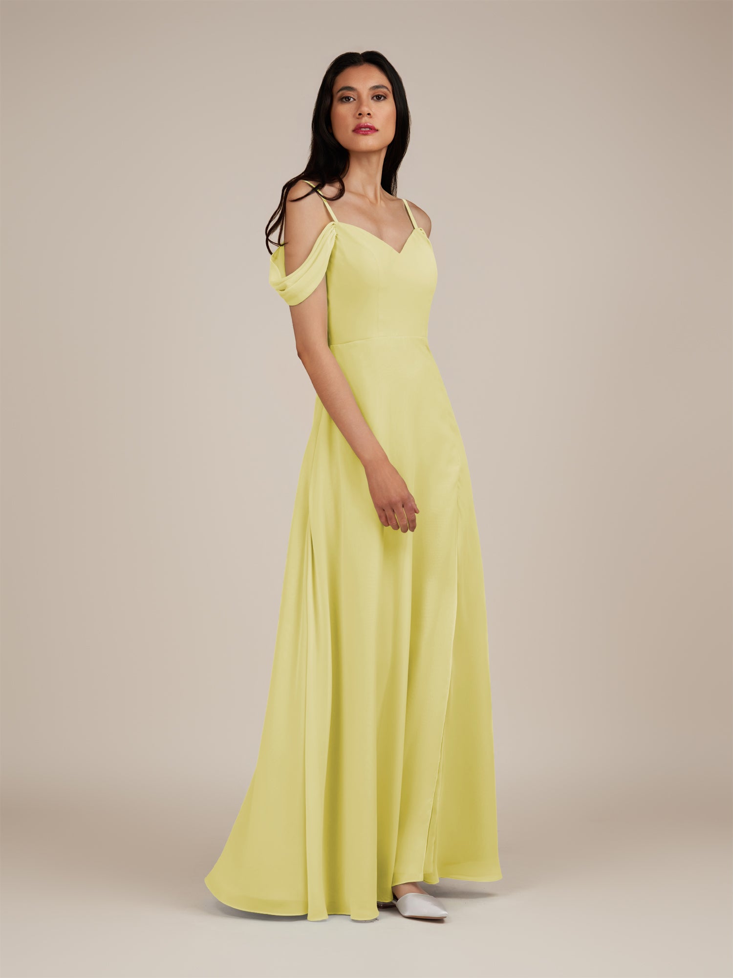 KissDress-Agate Buttercup A Line Chiffon Off the Shoulder Long Bridesmaid Dress