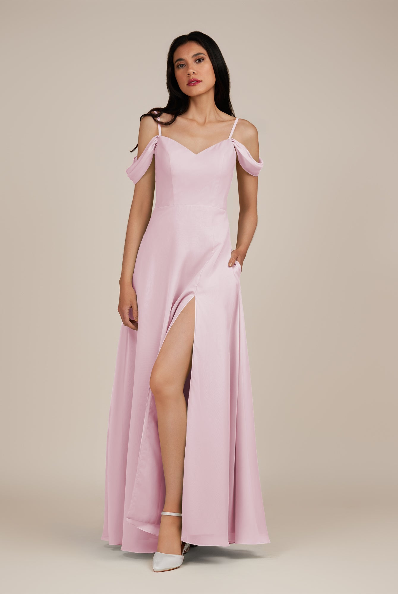 KissDress-Agate Candy Pink A Line Chiffon Off the Shoulder Long Bridesmaid Dress