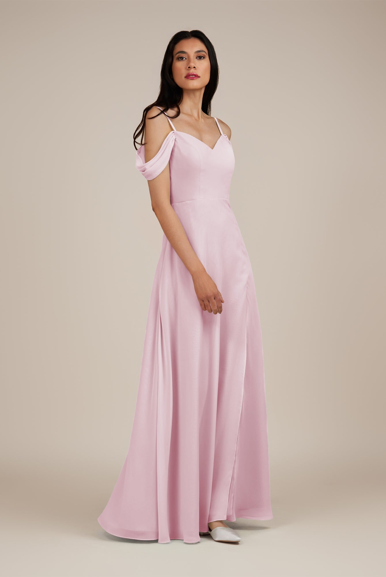 KissDress-Agate Candy Pink A Line Chiffon Off the Shoulder Long Bridesmaid Dress