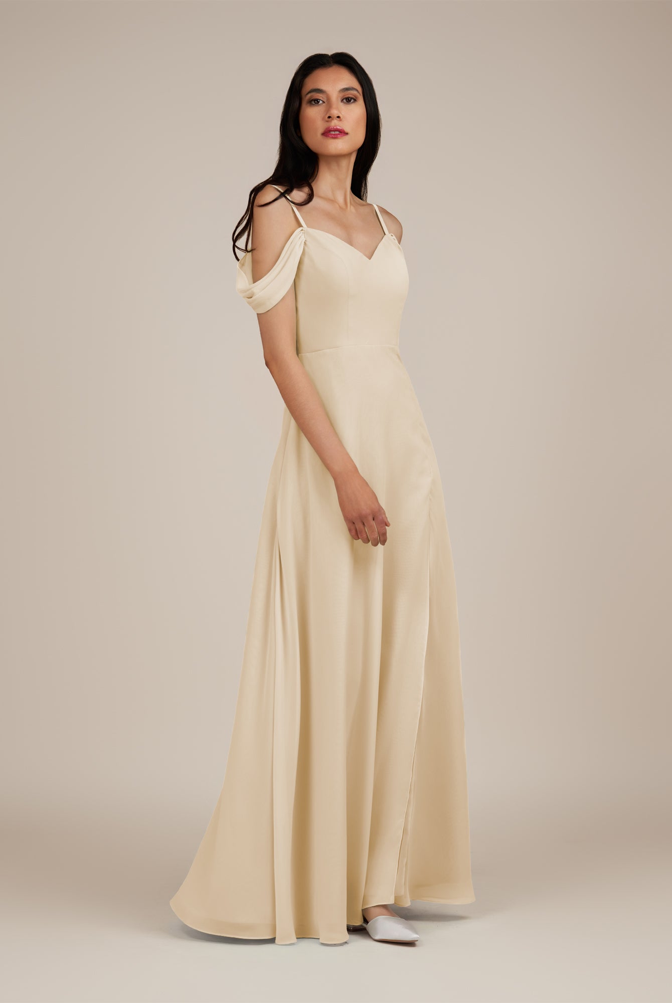 KissDress-Agate Champagne A Line Chiffon Off the Shoulder Long Bridesmaid Dress