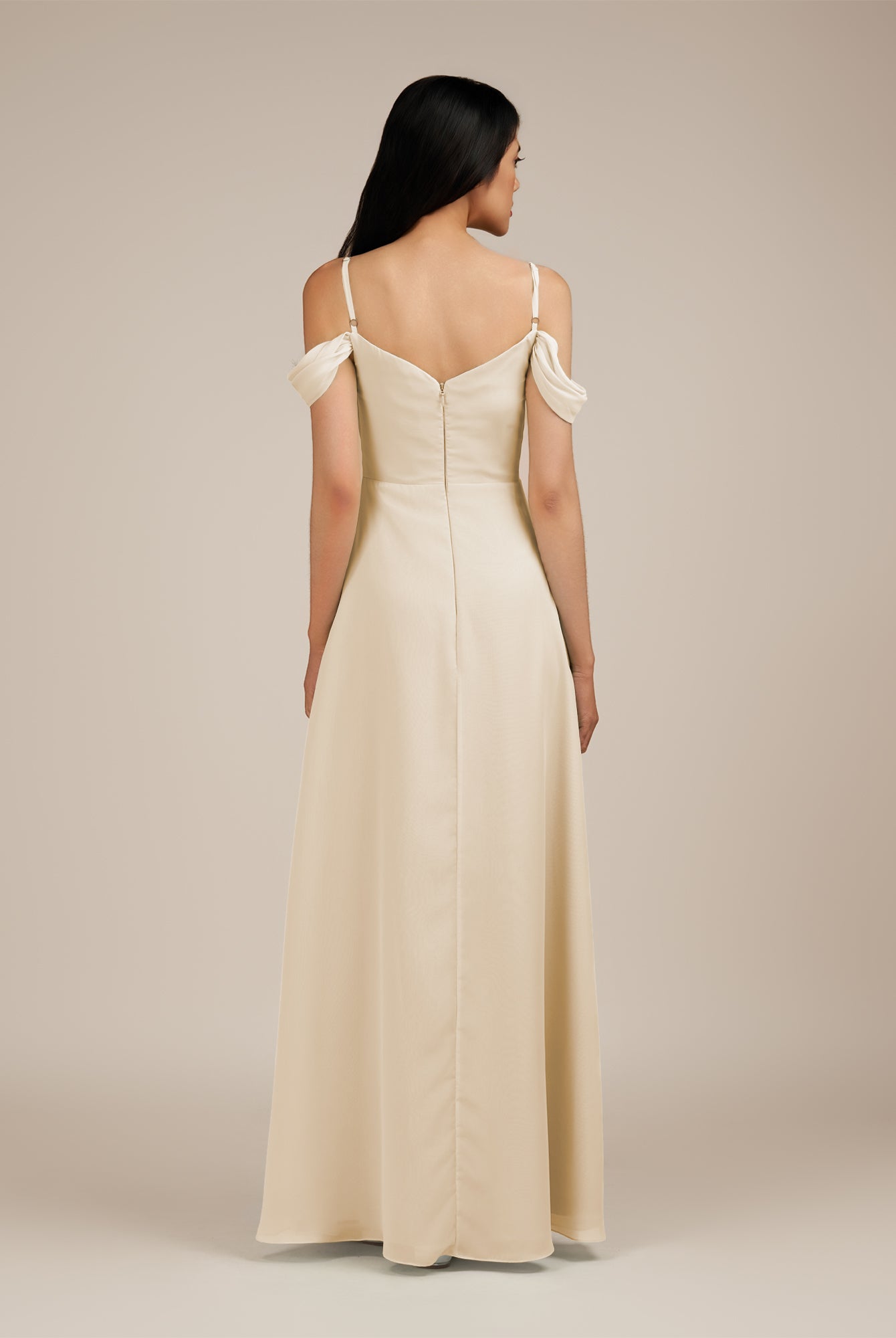 KissDress-Agate Champagne A Line Chiffon Off the Shoulder Long Bridesmaid Dress