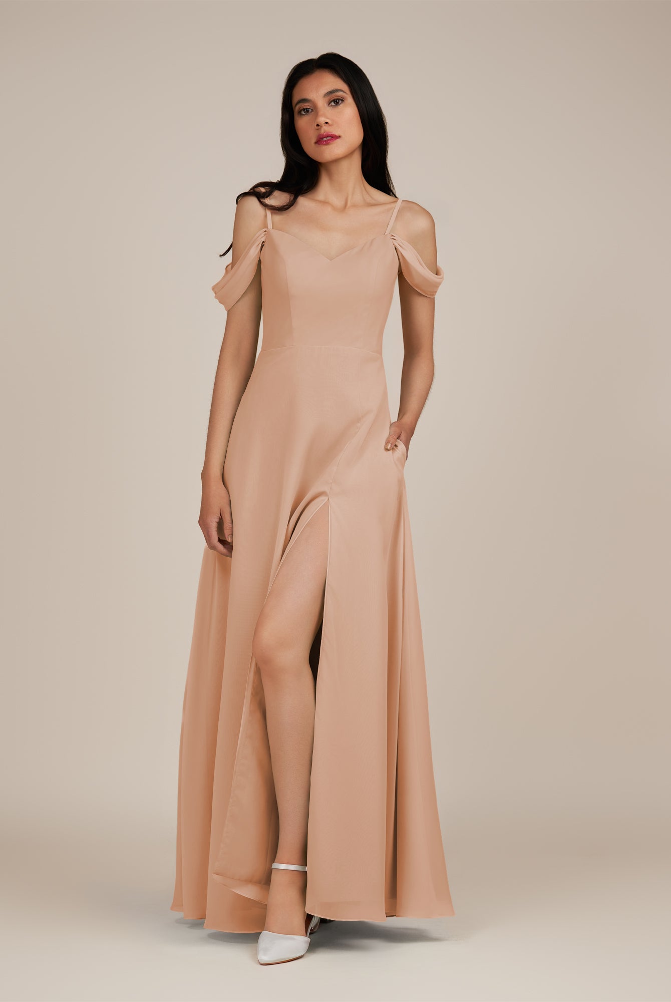 KissDress-Agate Champagne Rose A Line Chiffon Off the Shoulder Long Bridesmaid Dress