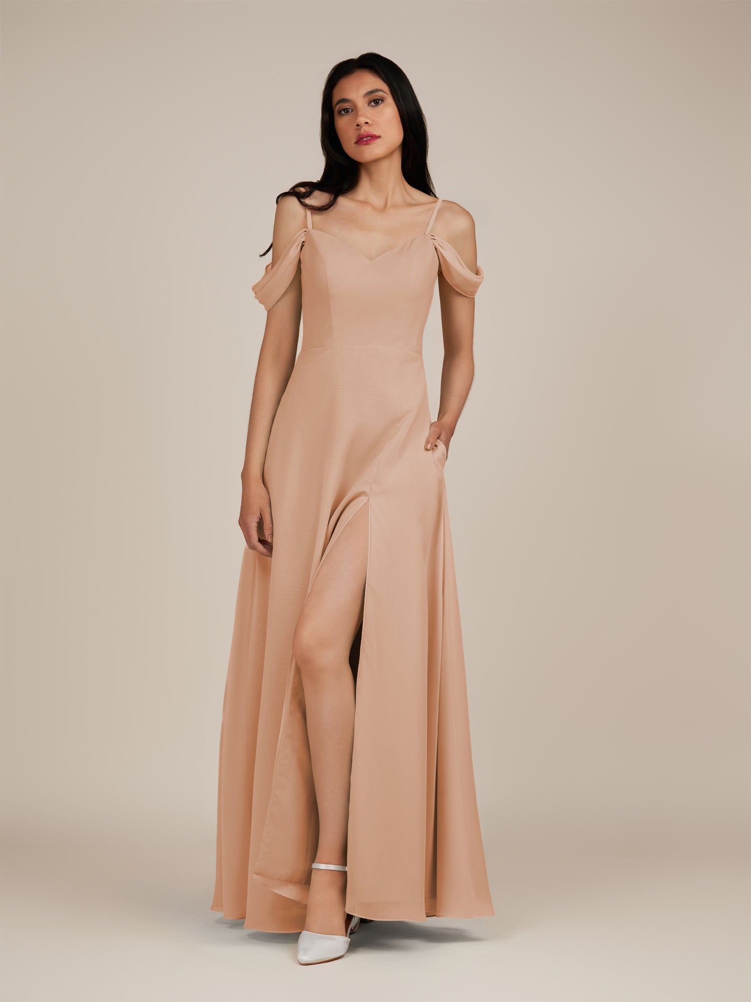 KissDress-Agate Champagne Rose A Line Chiffon Off the Shoulder Long Bridesmaid Dress