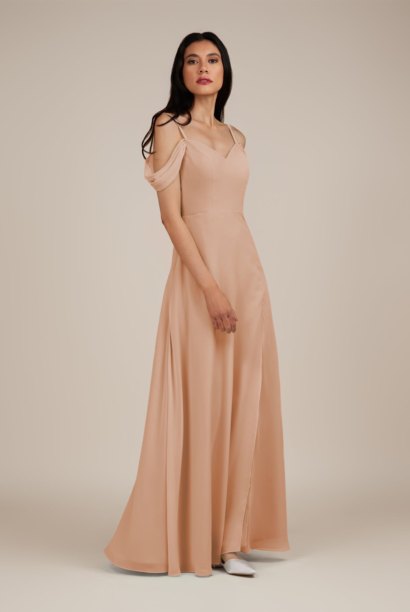 KissDress-Agate Champagne Rose A Line Chiffon Off the Shoulder Long Bridesmaid Dress