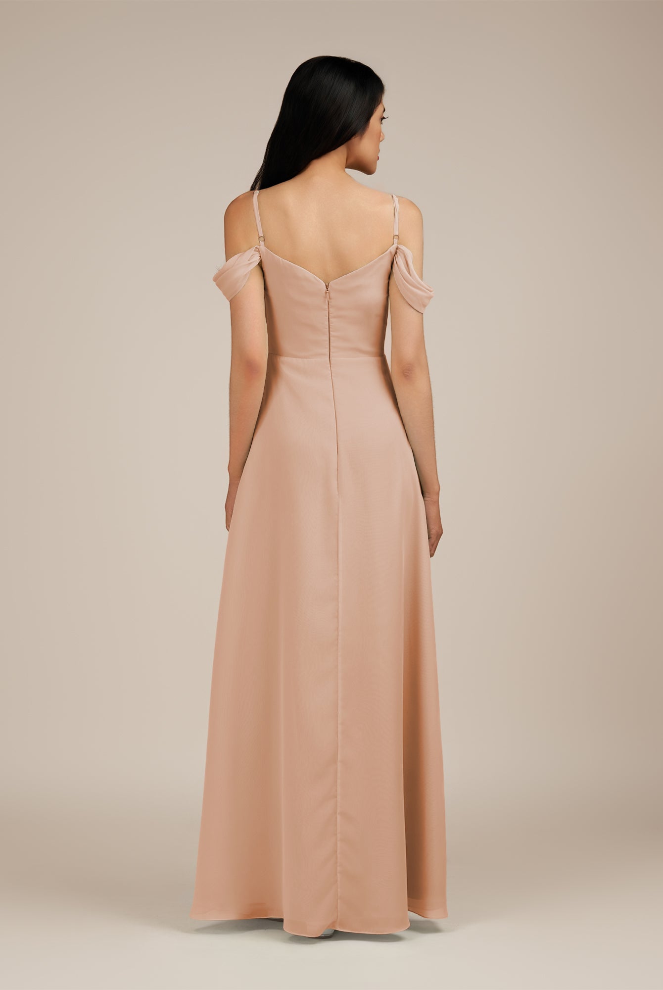KissDress-Agate Champagne Rose A Line Chiffon Off the Shoulder Long Bridesmaid Dress