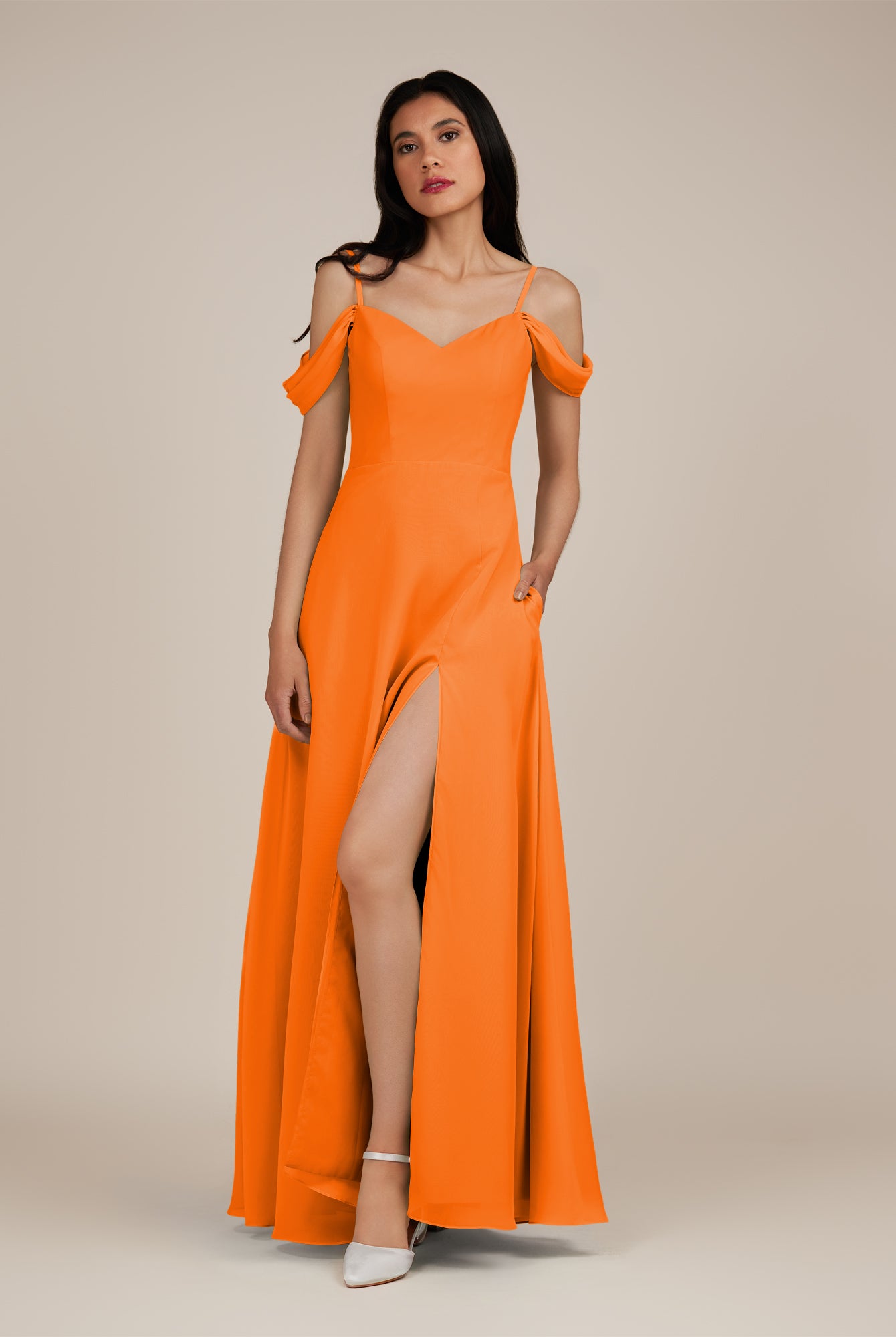 KissDress-Agate Cinnamon A Line Chiffon Off the Shoulder Long Bridesmaid Dress
