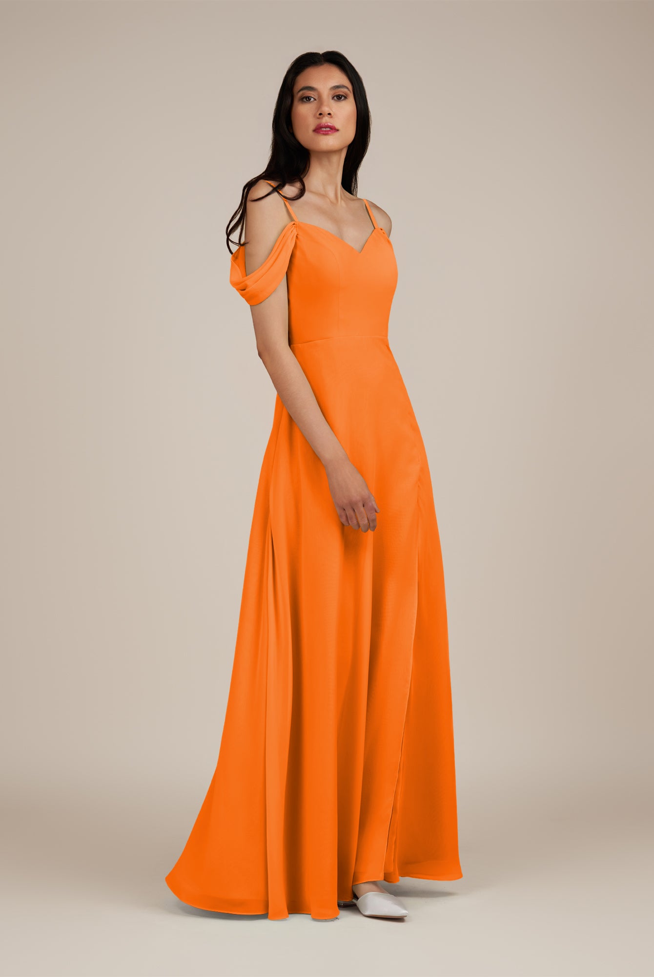 KissDress-Agate Cinnamon A Line Chiffon Off the Shoulder Long Bridesmaid Dress