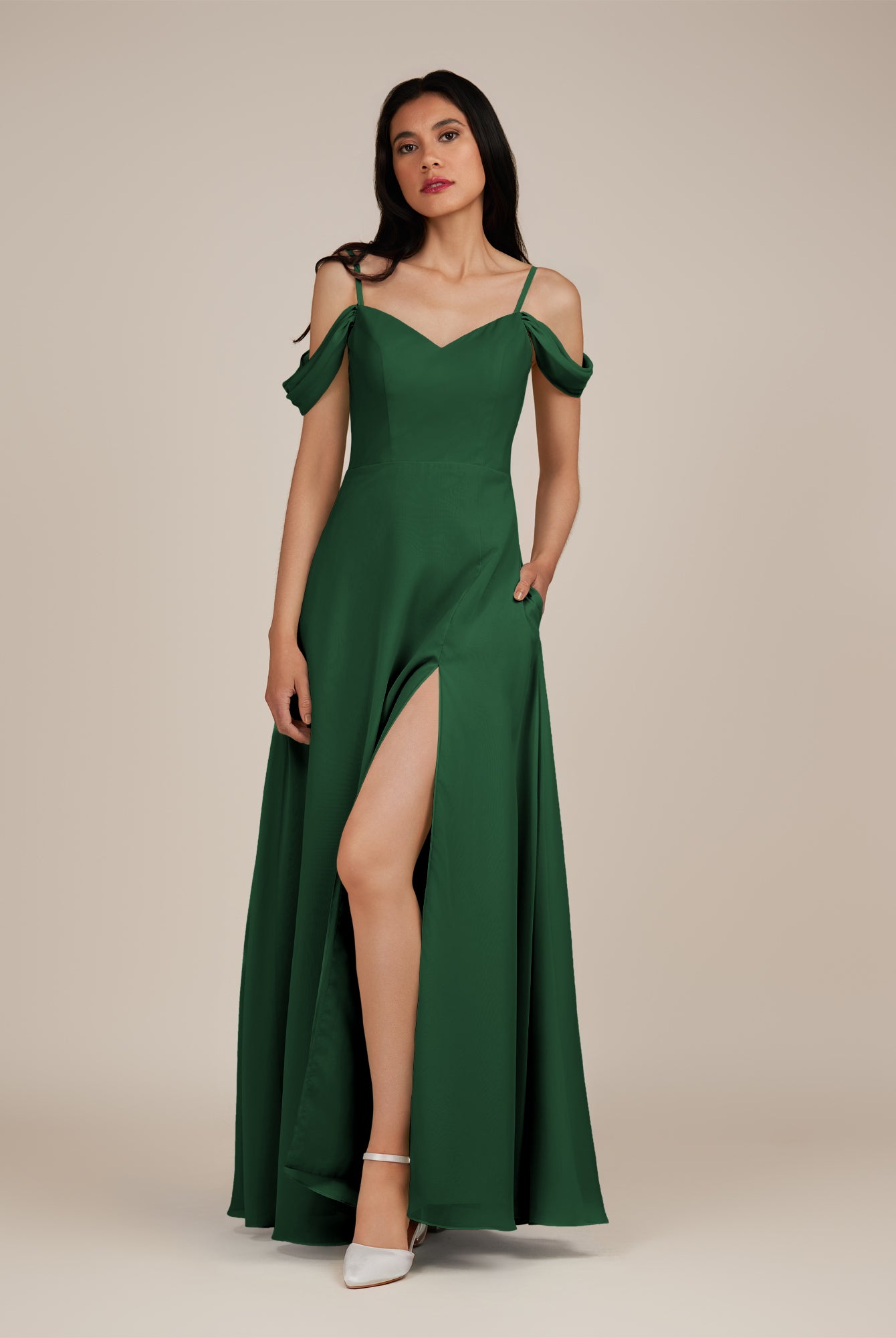 KissDress-Agate Dark Green A Line Chiffon Off the Shoulder Long Bridesmaid Dress