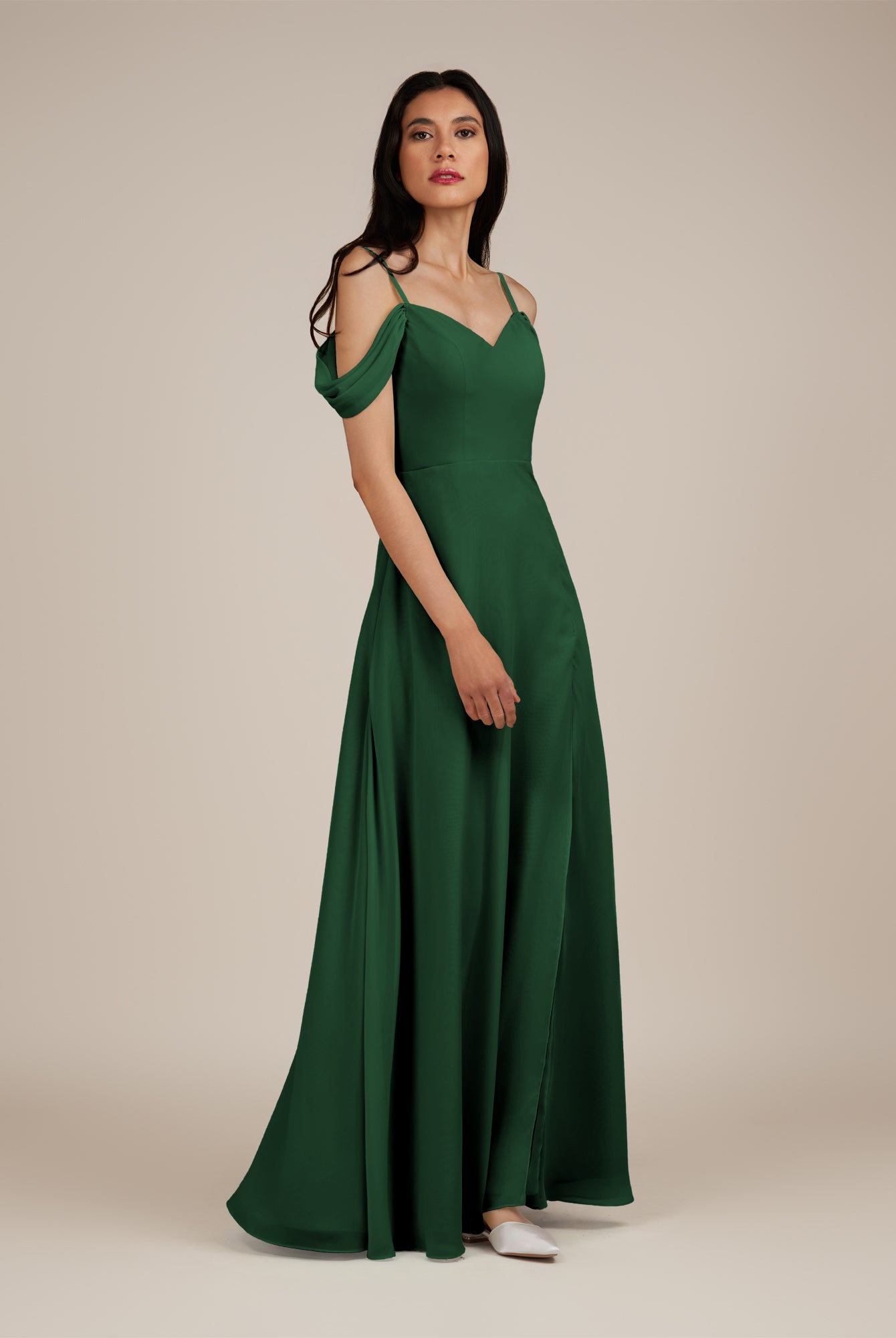 KissDress-Agate Dark Green A Line Chiffon Off the Shoulder Long Bridesmaid Dress