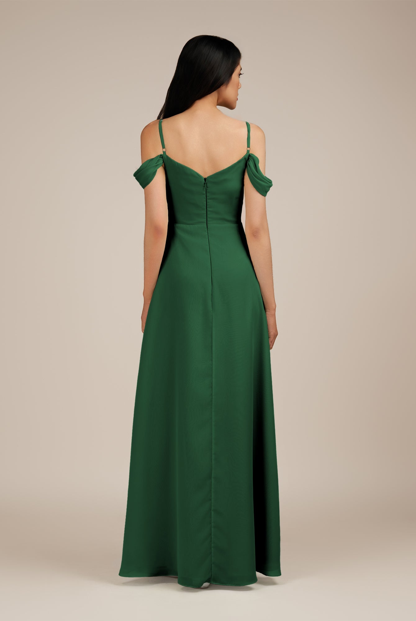 KissDress-Agate Dark Green A Line Chiffon Off the Shoulder Long Bridesmaid Dress
