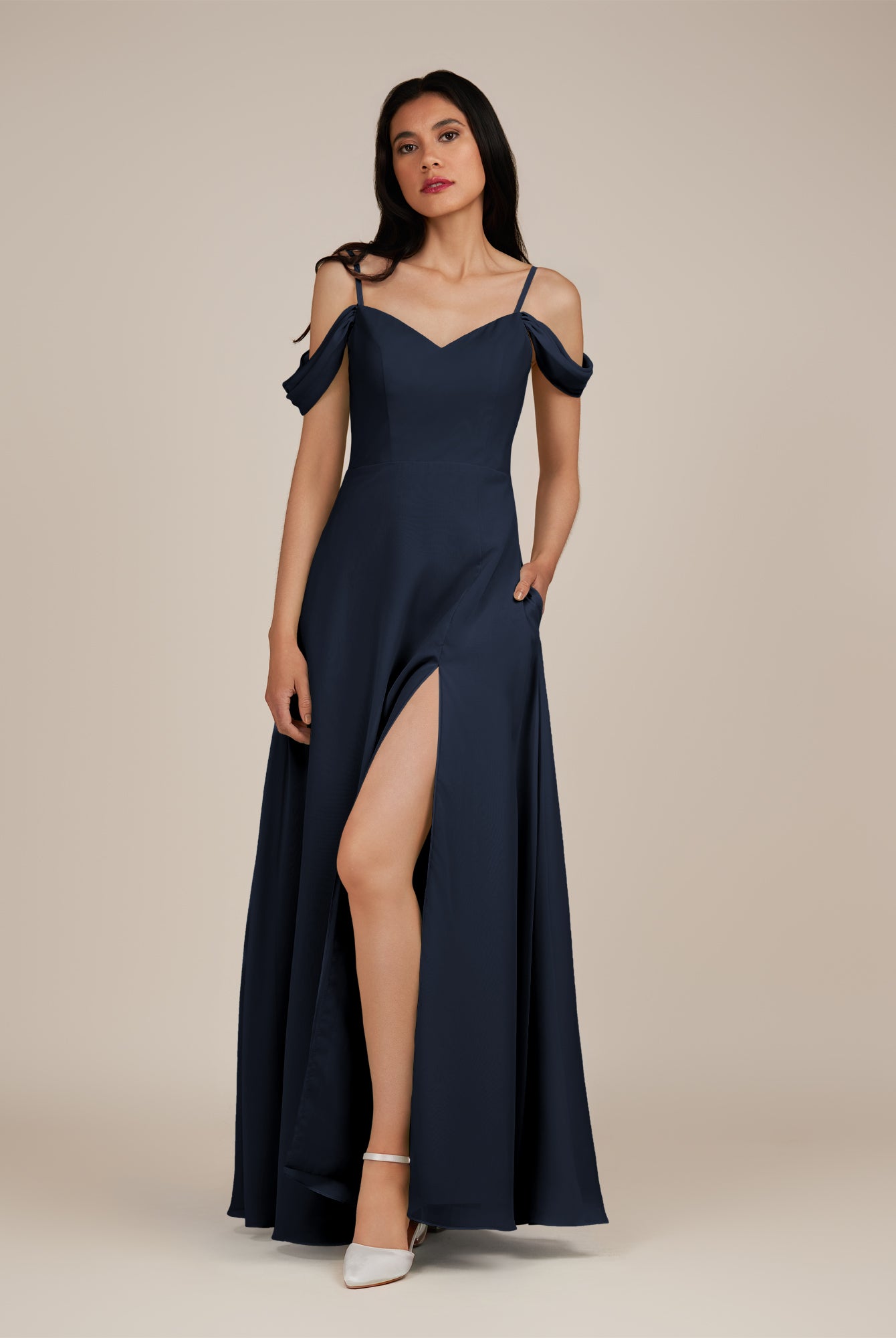 KissDress-Agate Dark Navy A Line Chiffon Off the Shoulder Long Bridesmaid Dress